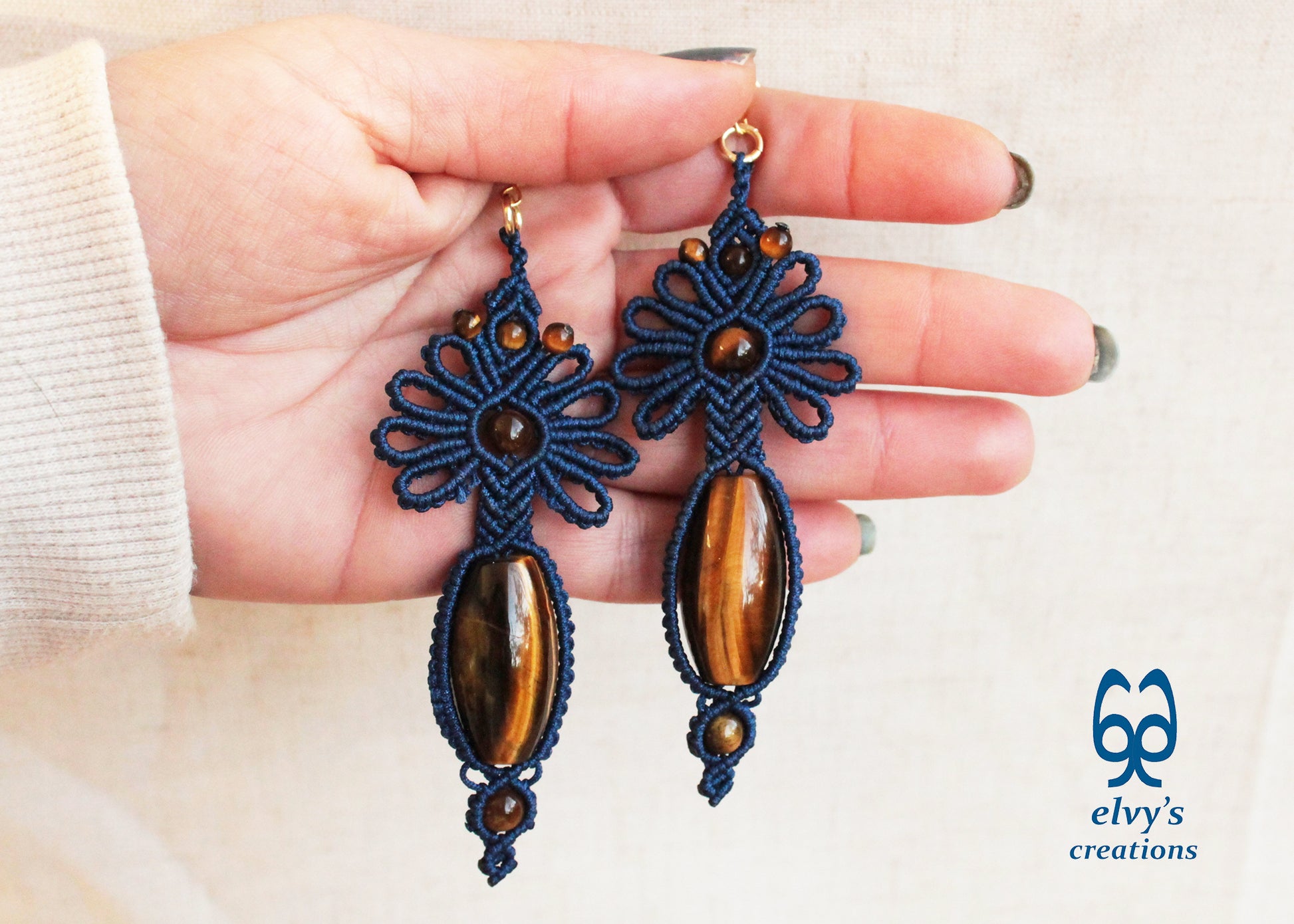 Blue Macrame Earrings with Tiger Eye Gemstones Flower Lace Silver Earrings