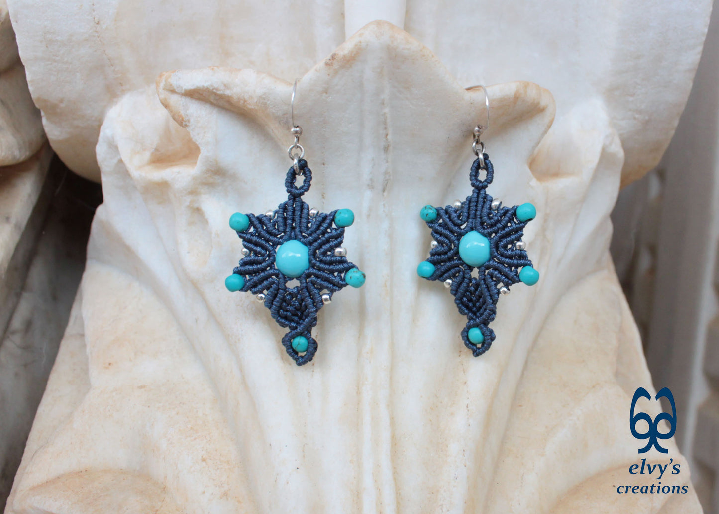 Handmade Blue Macrame Earrings Silver Dangle with Turquoise Gemstones