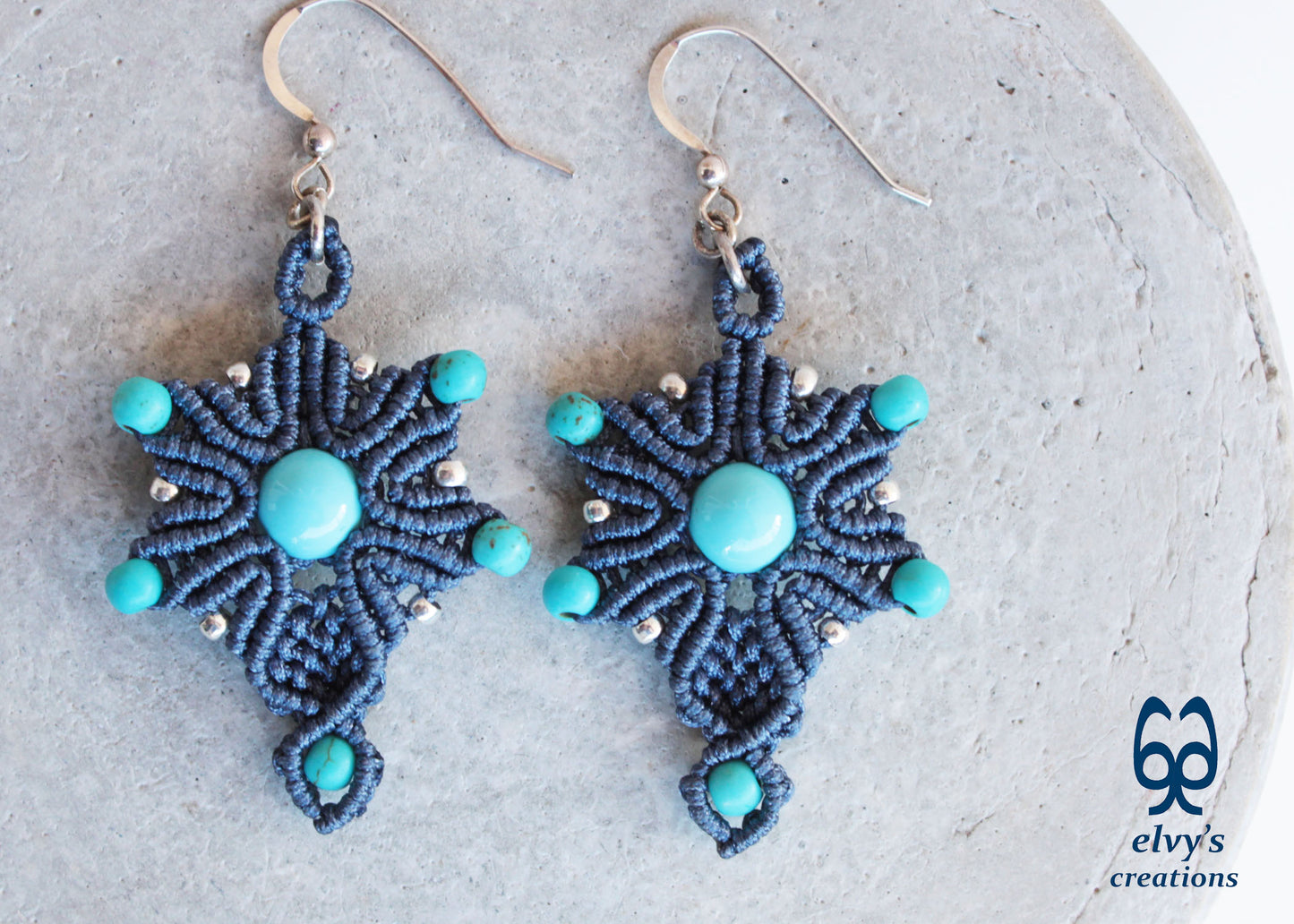 Handmade Blue Macrame Earrings Silver Dangle with Turquoise Gemstones