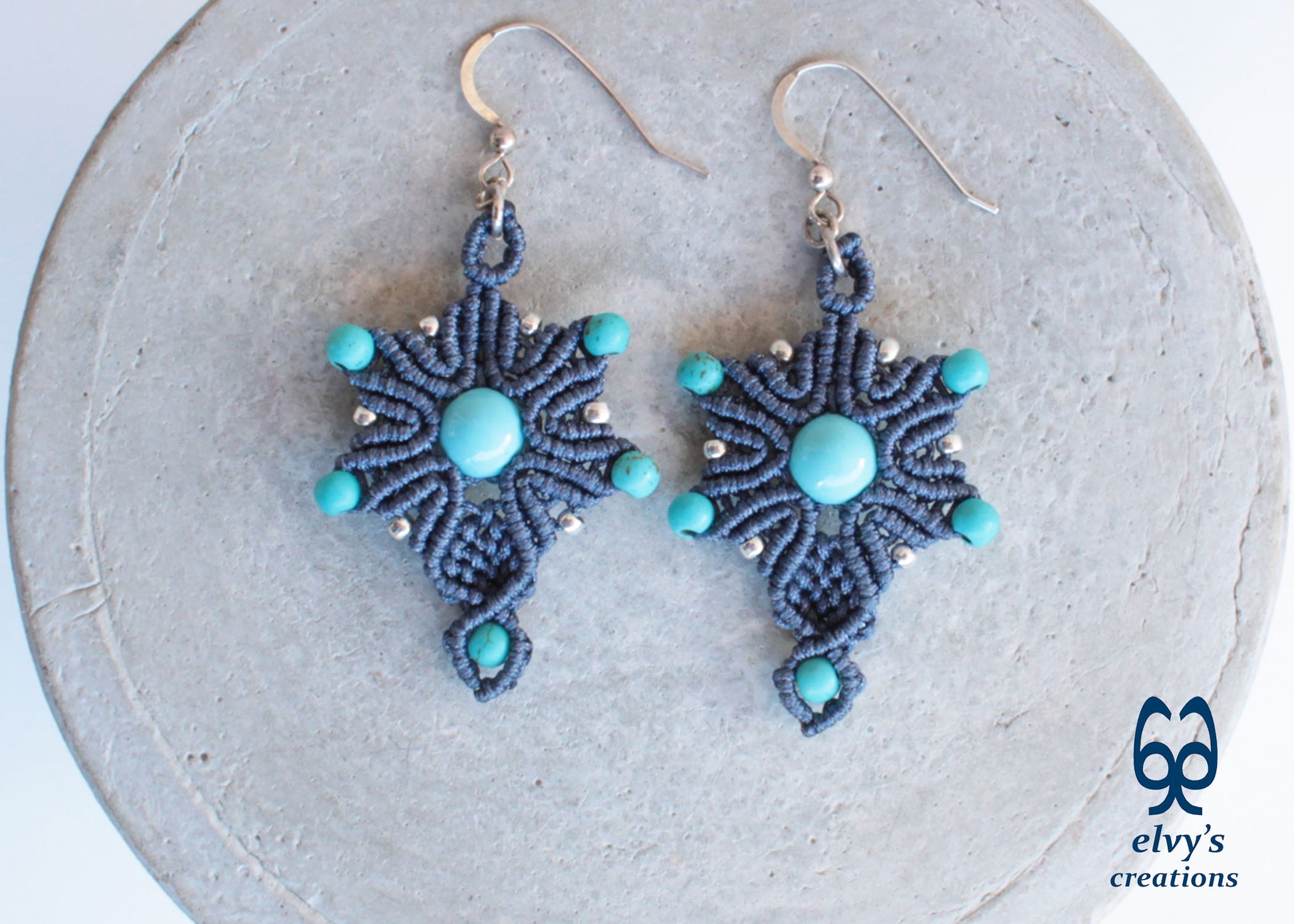 Handmade Blue Macrame Earrings Silver Dangle with Turquoise Gemstones