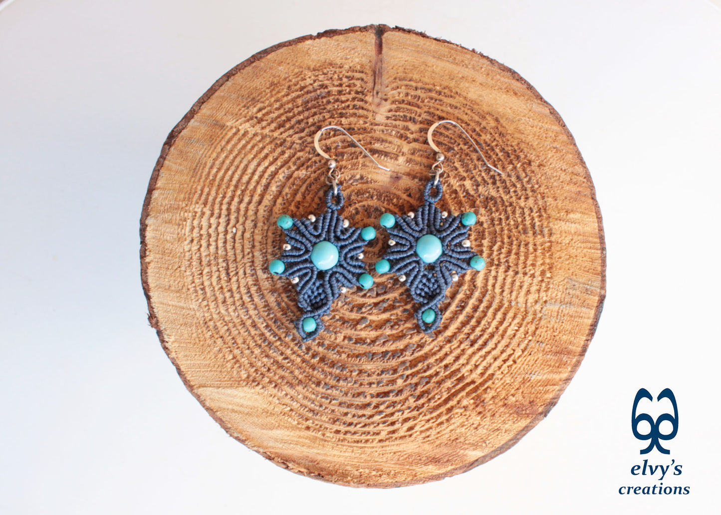 Handmade Blue Macrame Earrings Silver Dangle with Turquoise Gemstones