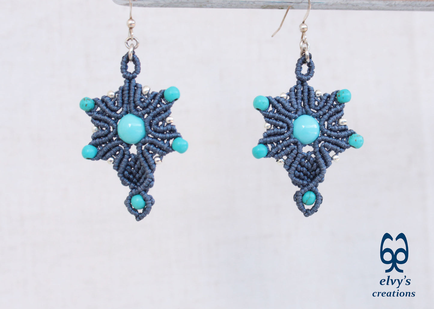 Handmade Blue Macrame Earrings Silver Dangle with Turquoise Gemstones