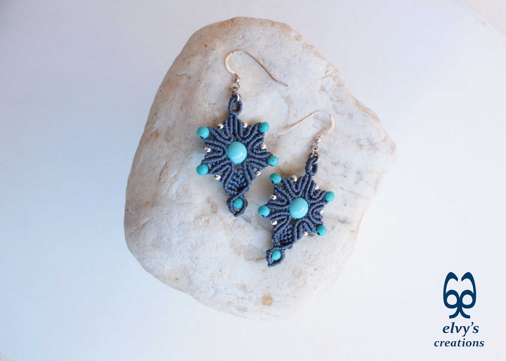 Handmade Blue Macrame Earrings Silver Dangle with Turquoise Gemstones