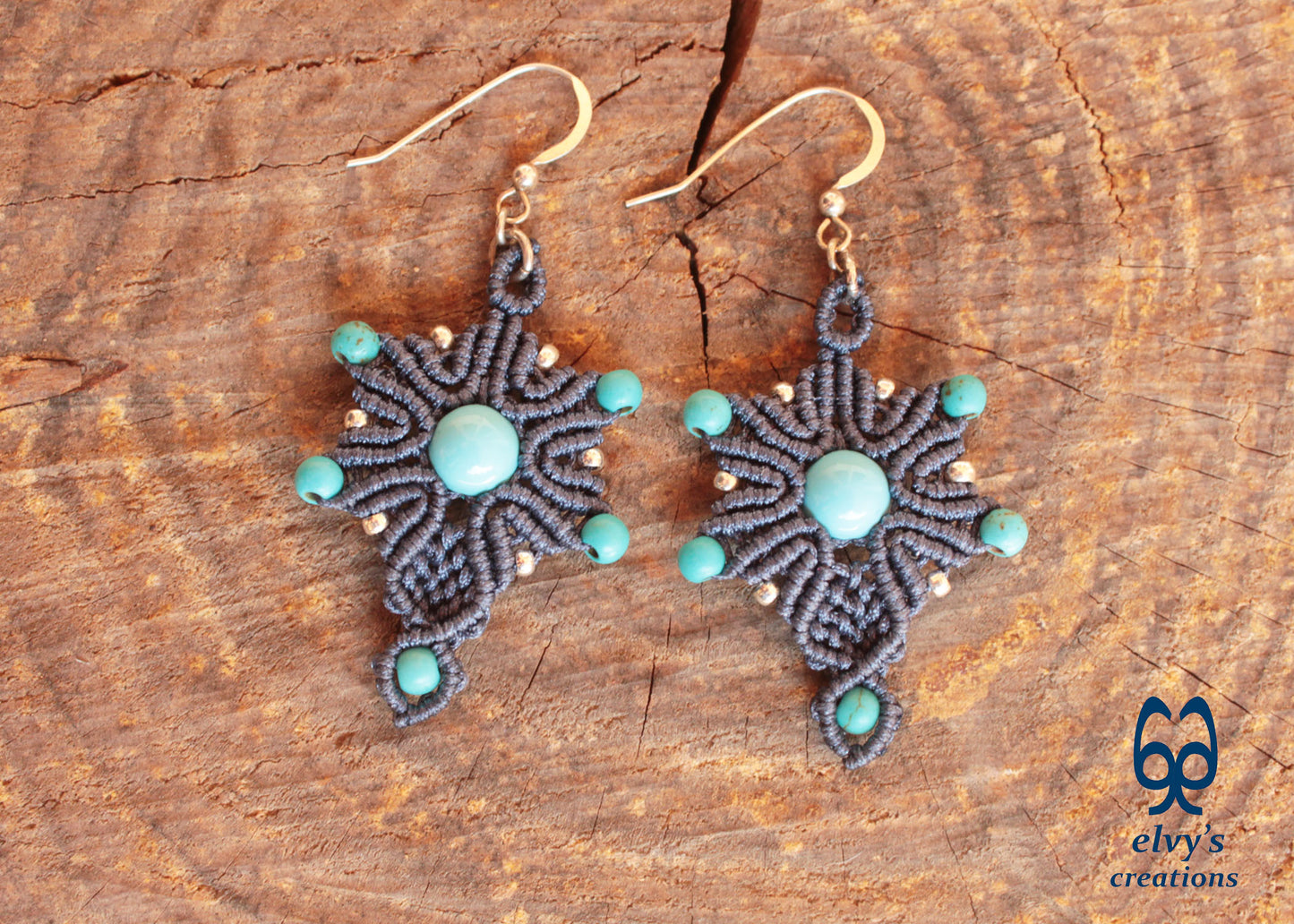 Handmade Blue Macrame Earrings Silver Dangle with Turquoise Gemstones