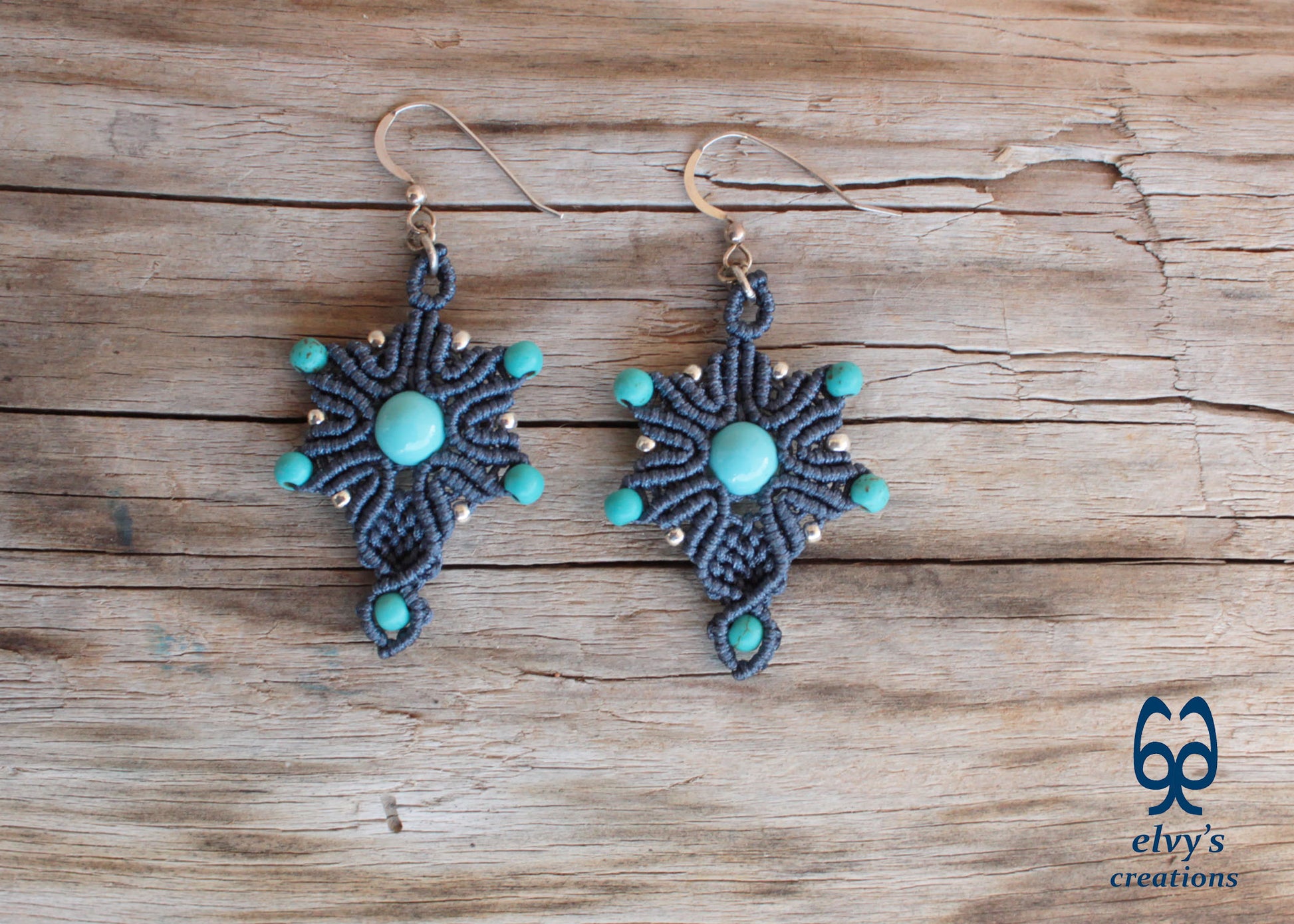 Handmade Blue Macrame Earrings Silver Dangle with Turquoise Gemstones