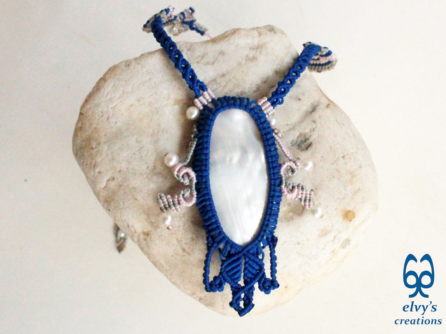 Blue Macrame Choker Necklace with Pearl Gemstones Lace Choker Necklace