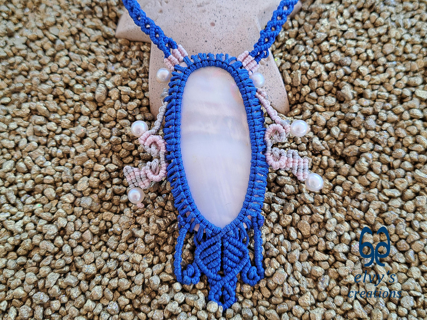 Blue Macrame Choker Necklace with Pearl Gemstones Lace Choker Necklace