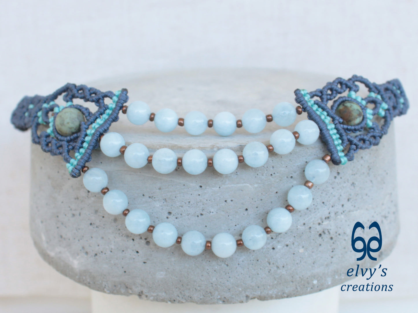 Handmade Blue Macrame Necklace with Aquamarine Gemstones Adjustable Boho Necklace