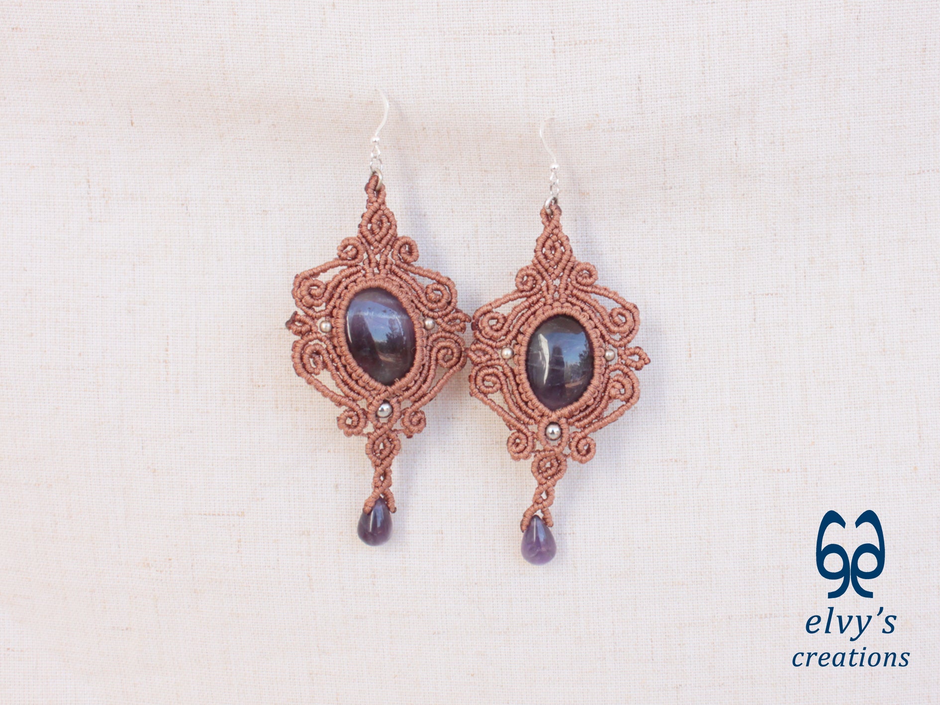 Handmade Bronze Macrame Earrings with Purple Amethyst Gemstones