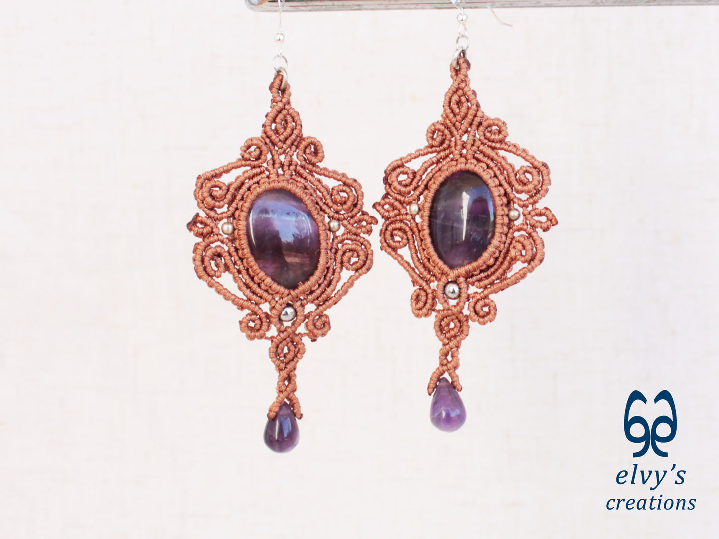 Bronze Macrame Earrings with Amethyst Gemstones