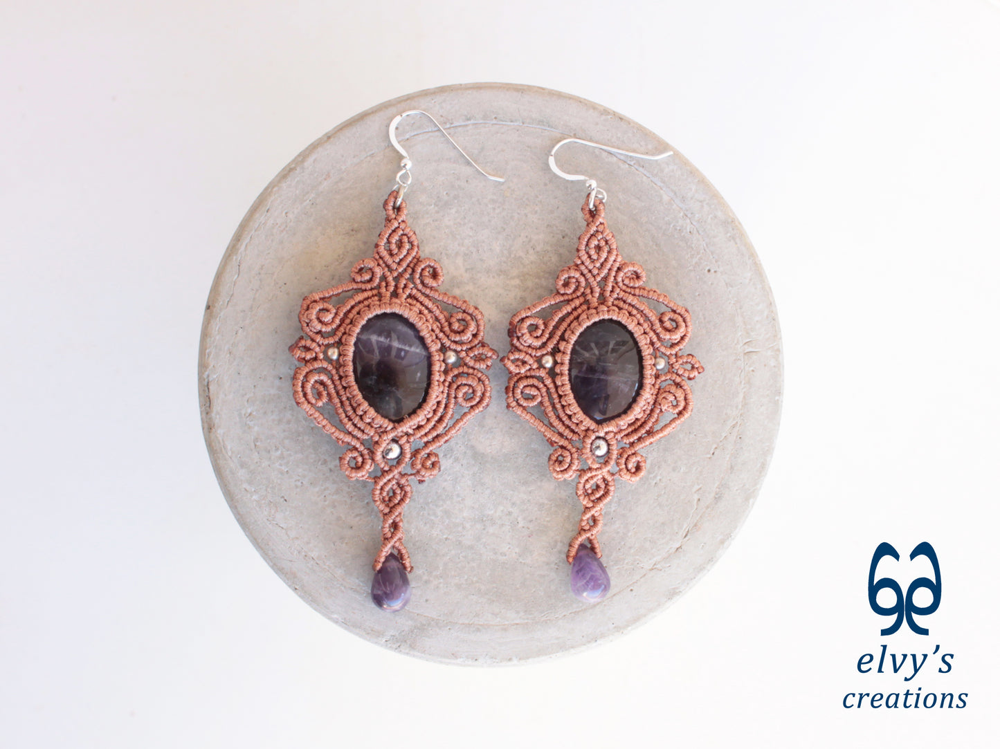 Handmade Bronze Macrame Earrings with Purple Amethyst Gemstones