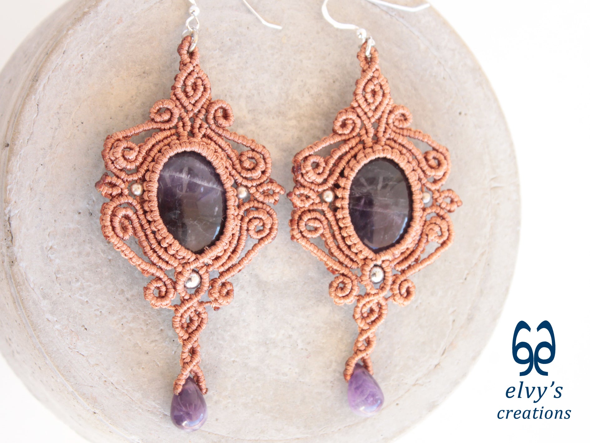 Handmade Bronze Macrame Earrings with Purple Amethyst Gemstones