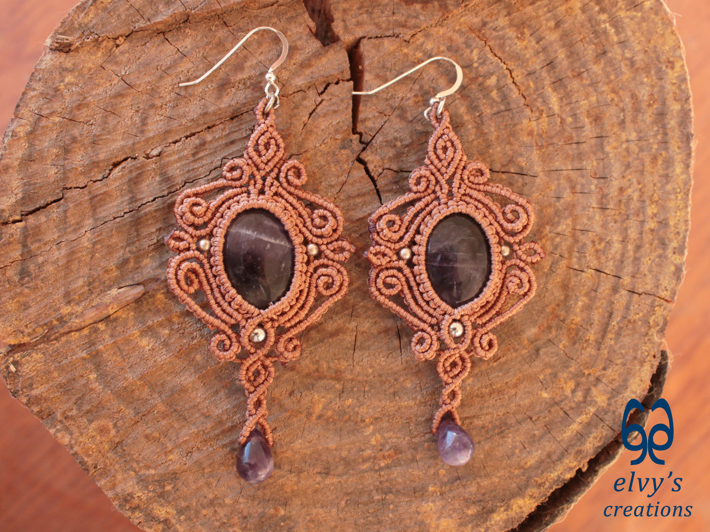 Handmade Bronze Macrame Earrings with Purple Amethyst Gemstones