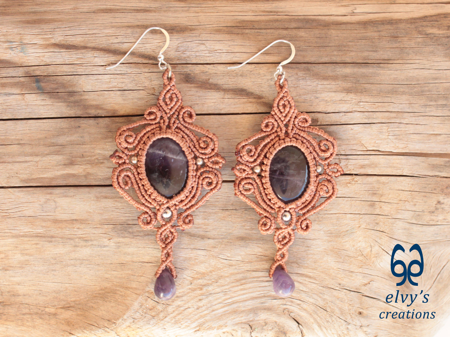 Handmade Bronze Macrame Earrings with Purple Amethyst Gemstones