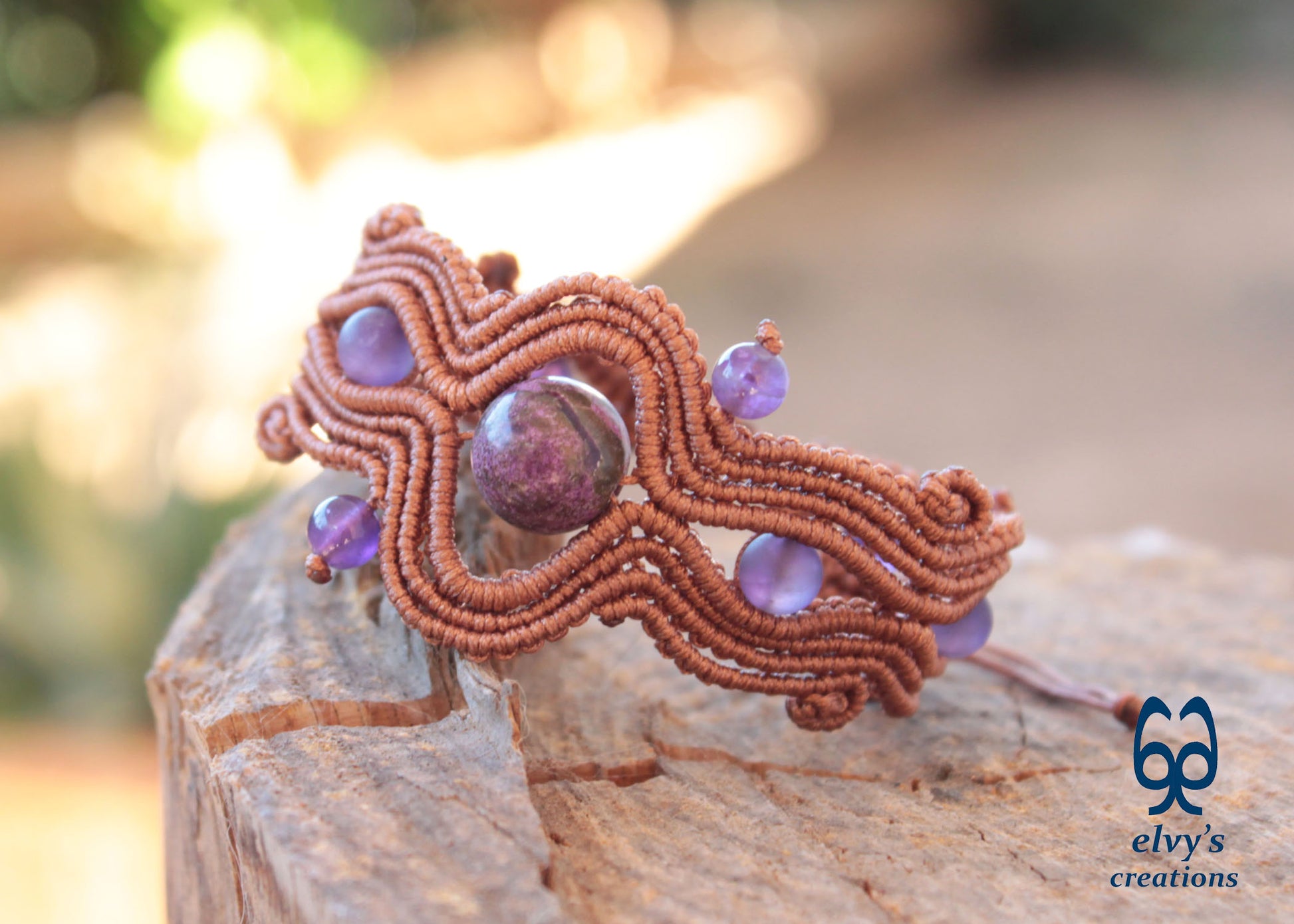 Bronze Beige Macrame Bracelet with Purple Amethyst Gemstones