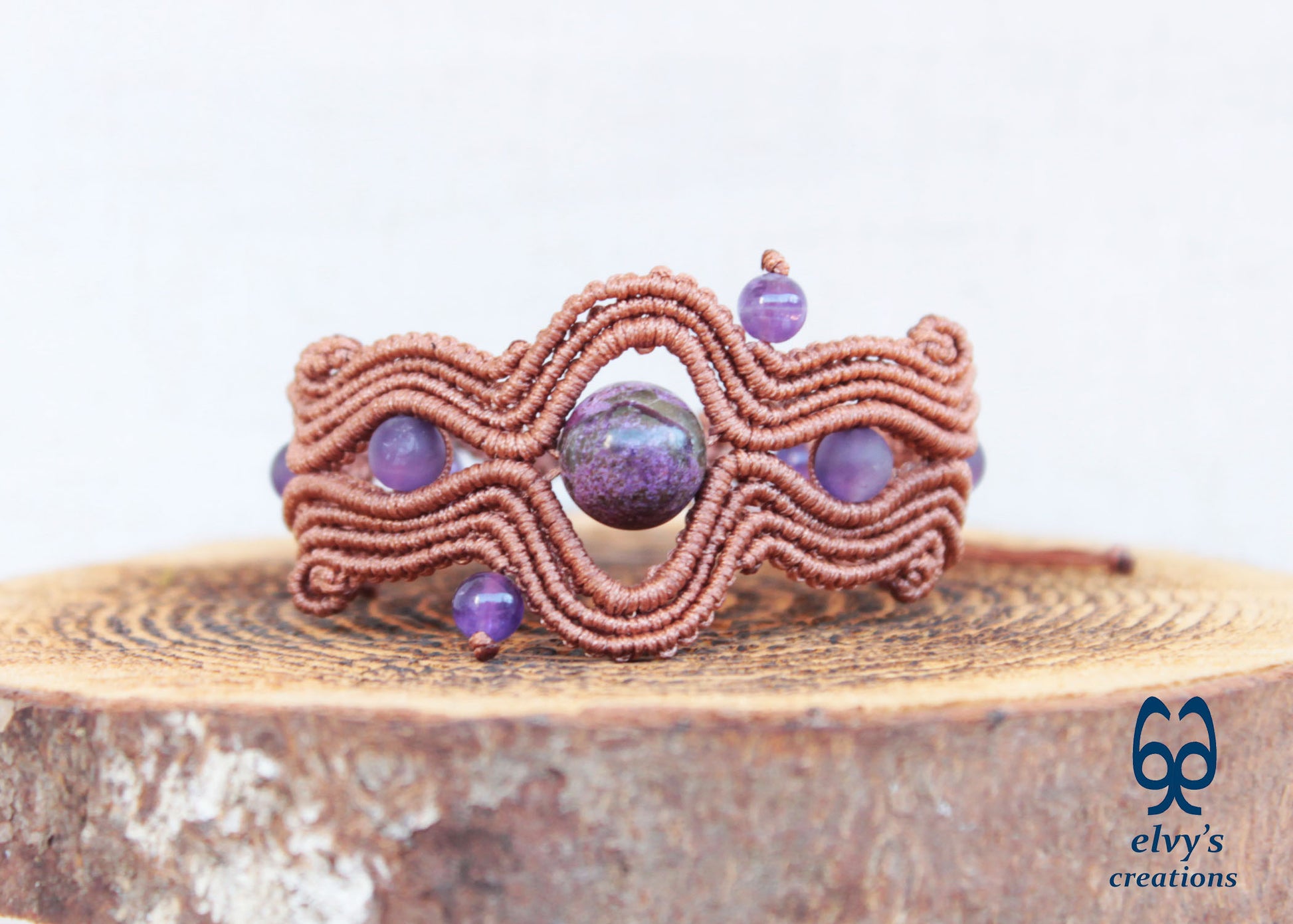 Bronze Beige Macrame Bracelet with Purple Amethyst Gemstones