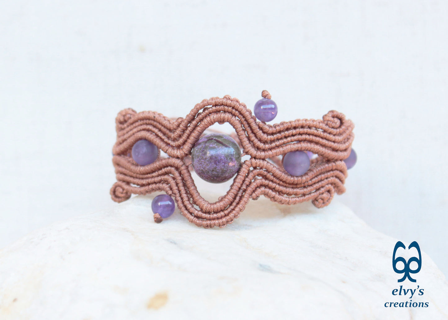 Bronze Beige Macrame Bracelet with Purple Amethyst Gemstones