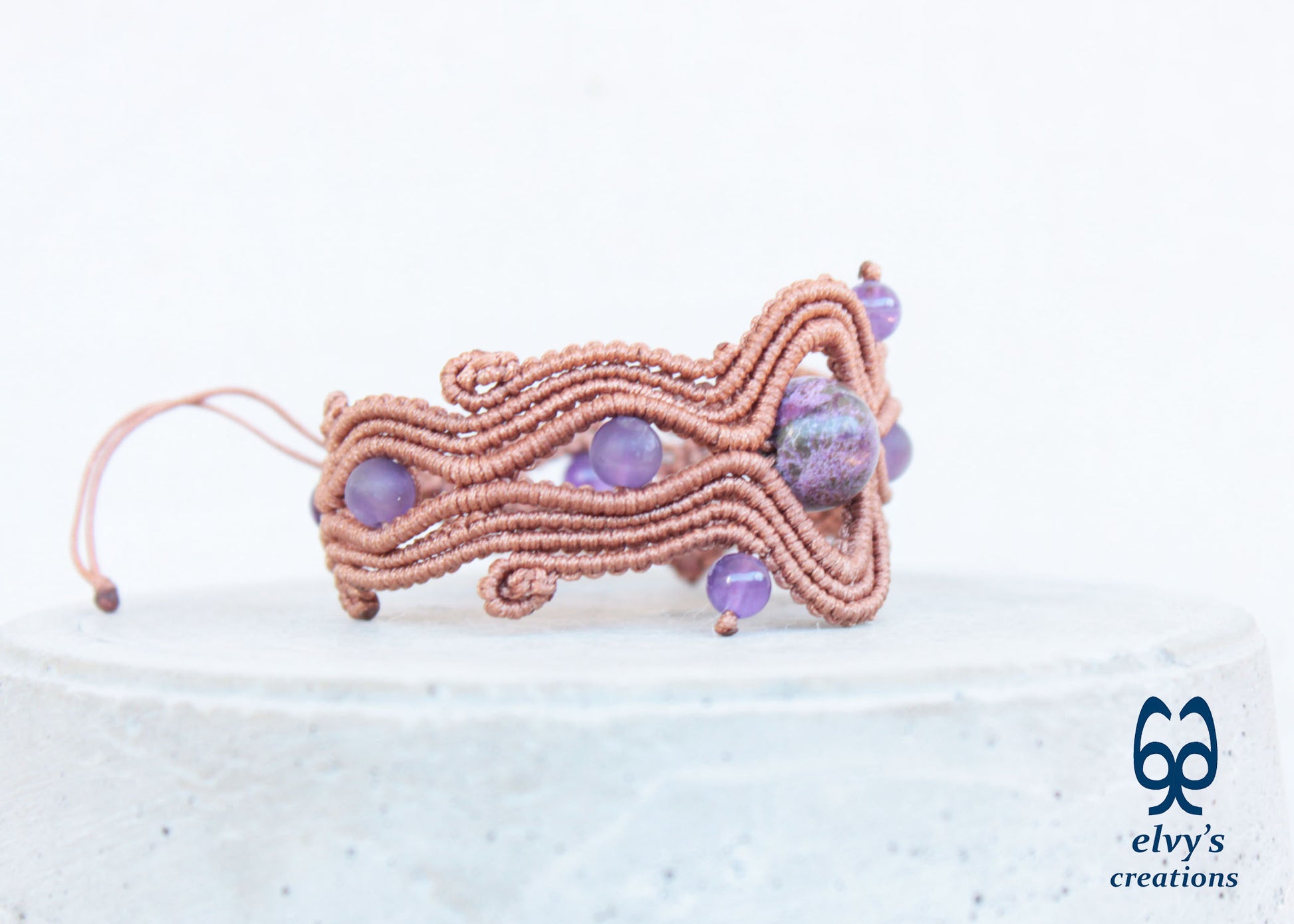 Bronze Beige Macrame Bracelet with Purple Amethyst Gemstones