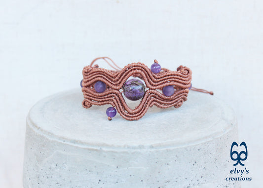 Bronze Beige Macrame Bracelet with Purple Amethyst Gemstones