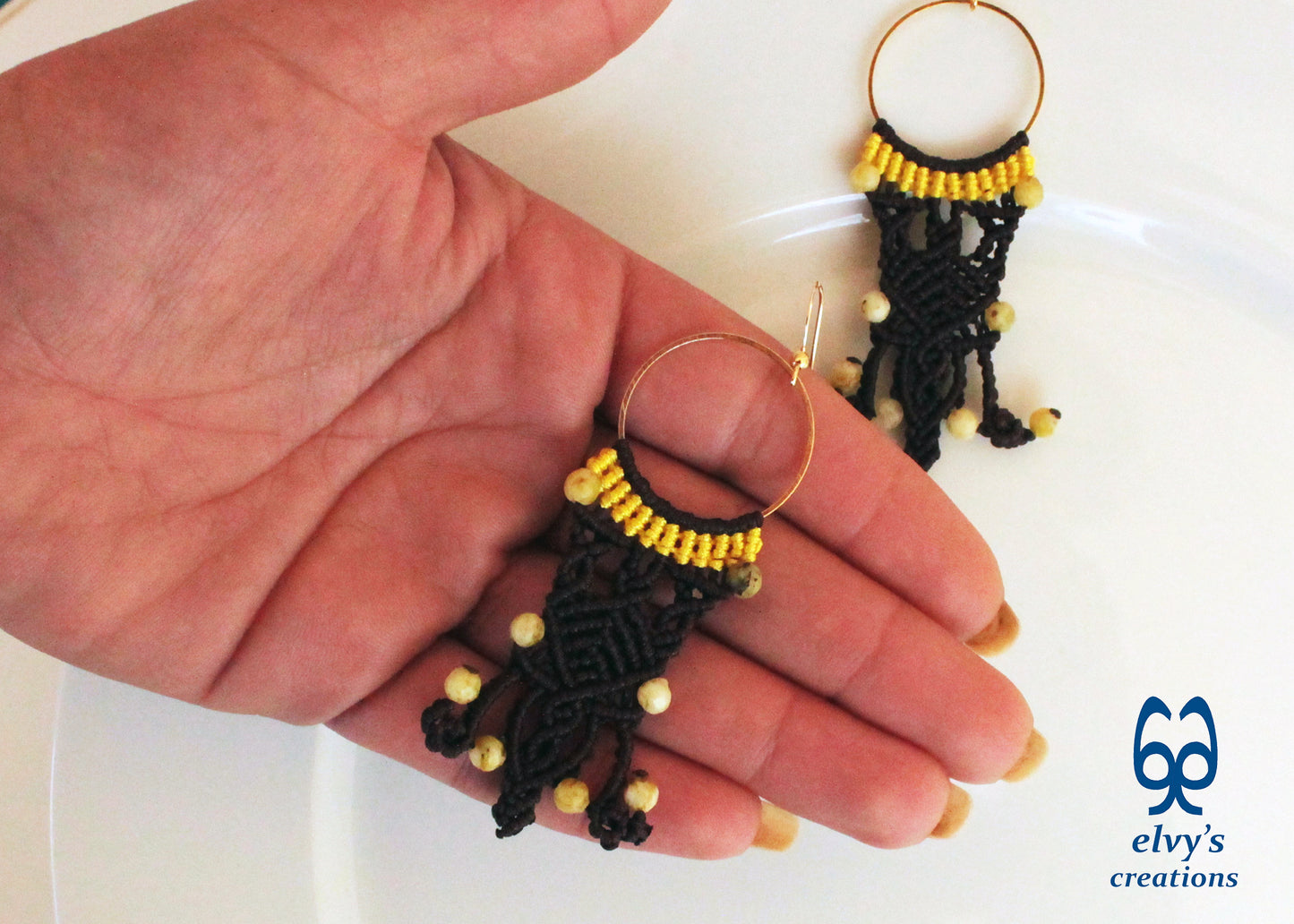 Brown Macrame Hoop Earrings with Yellow Moss Agate Gemstones Silver Earrings