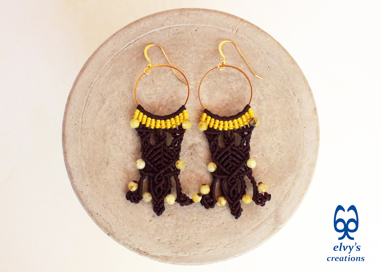 Brown Macrame Hoop Earrings with Yellow Moss Agate Gemstones Silver Earrings