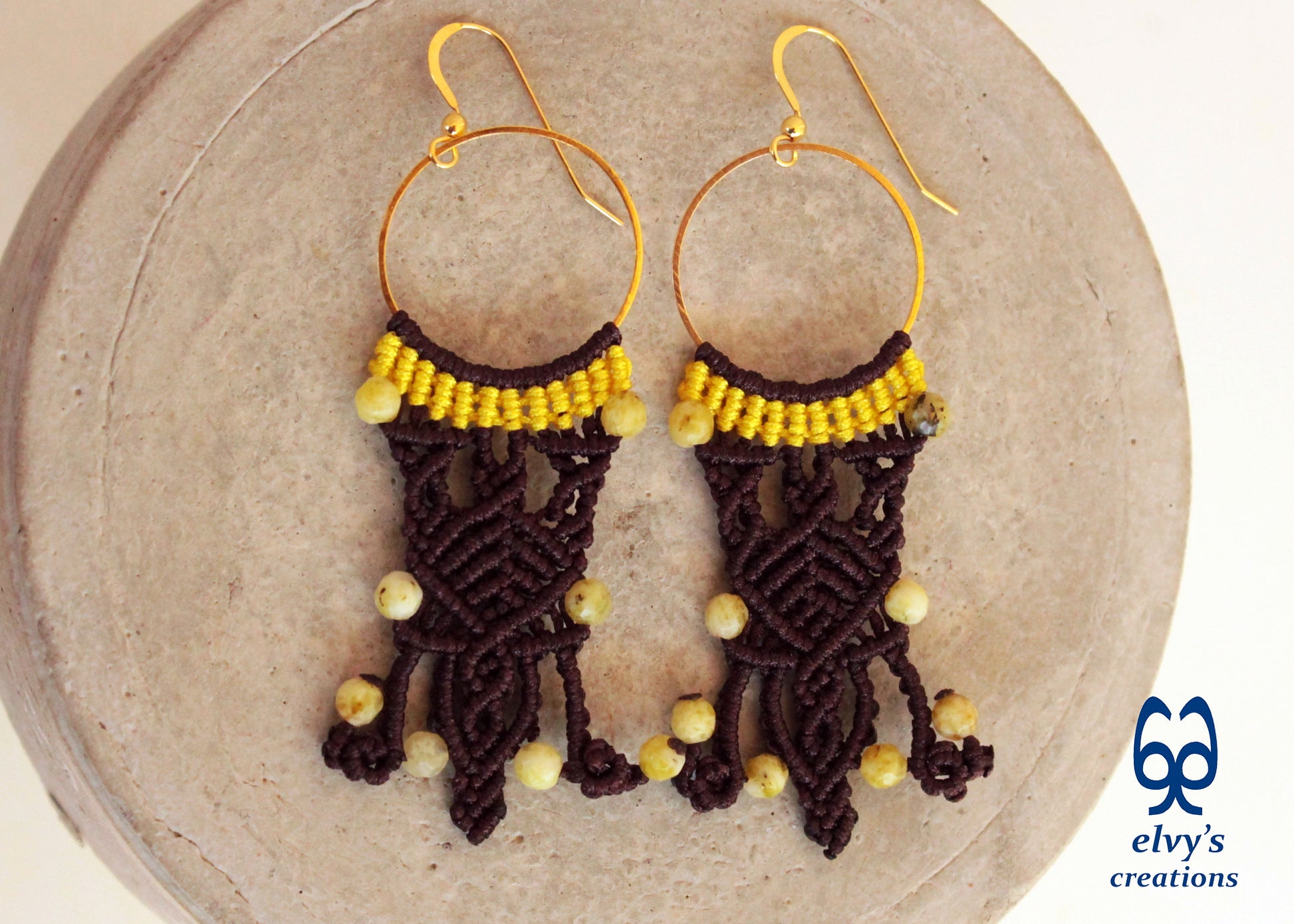 Brown Macrame Hoop Earrings with Yellow Moss Agate Gemstones Silver Earrings