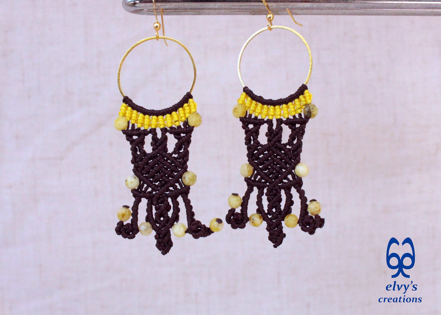 Brown Macrame Hoop Earrings with Yellow Moss Agate Gemstones Silver Earrings