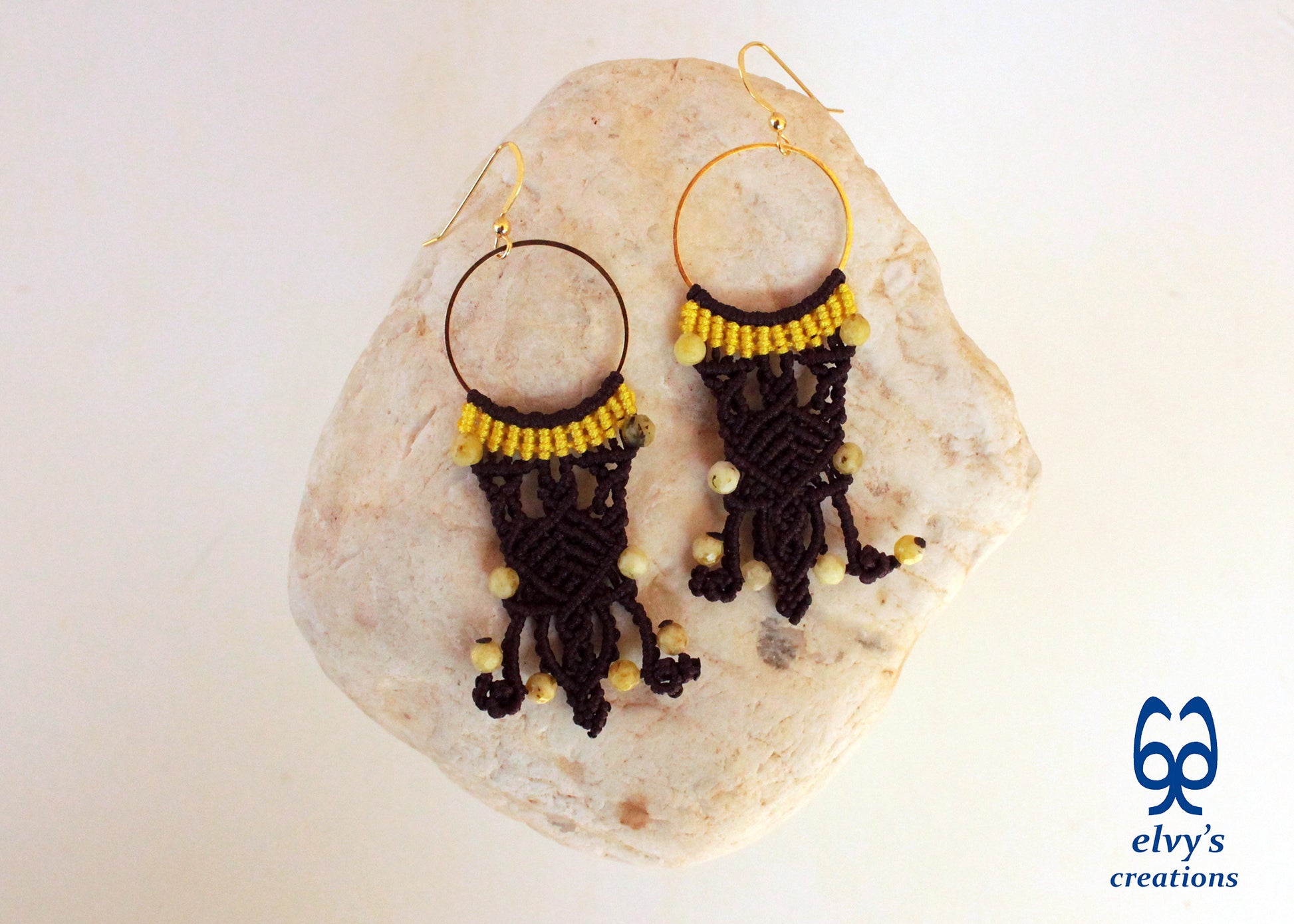 Brown Macrame Hoop Earrings with Yellow Moss Agate Gemstones Silver Earrings