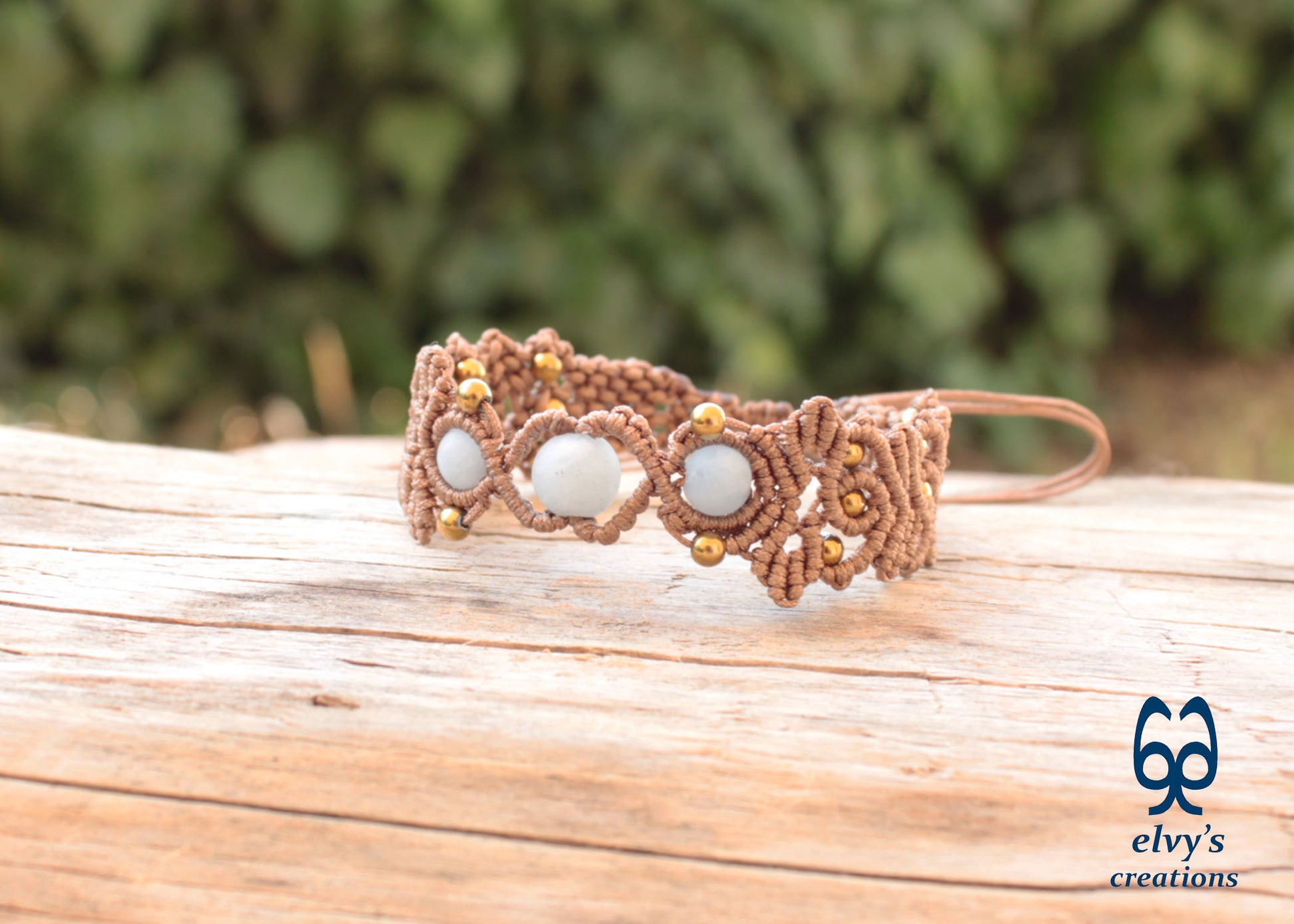 Brown Macrame Bracelet with Beryl Gemstones Adjustable Gold Handmade Bracelet