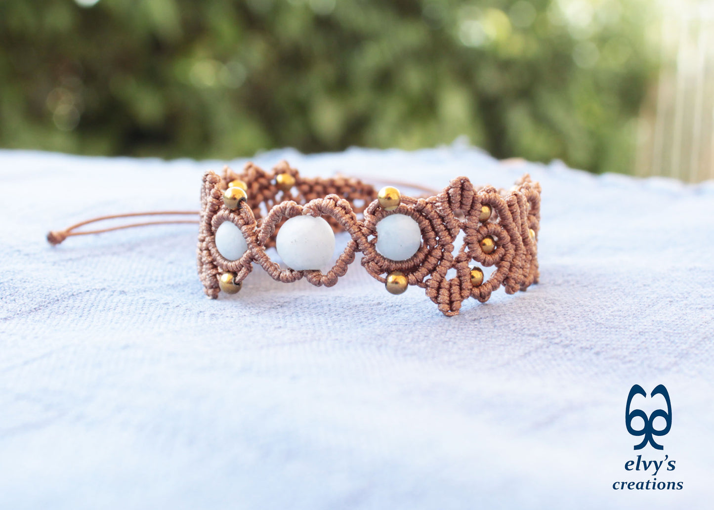 Brown Macrame Bracelet with Beryl Gemstones Adjustable Gold Handmade Bracelet