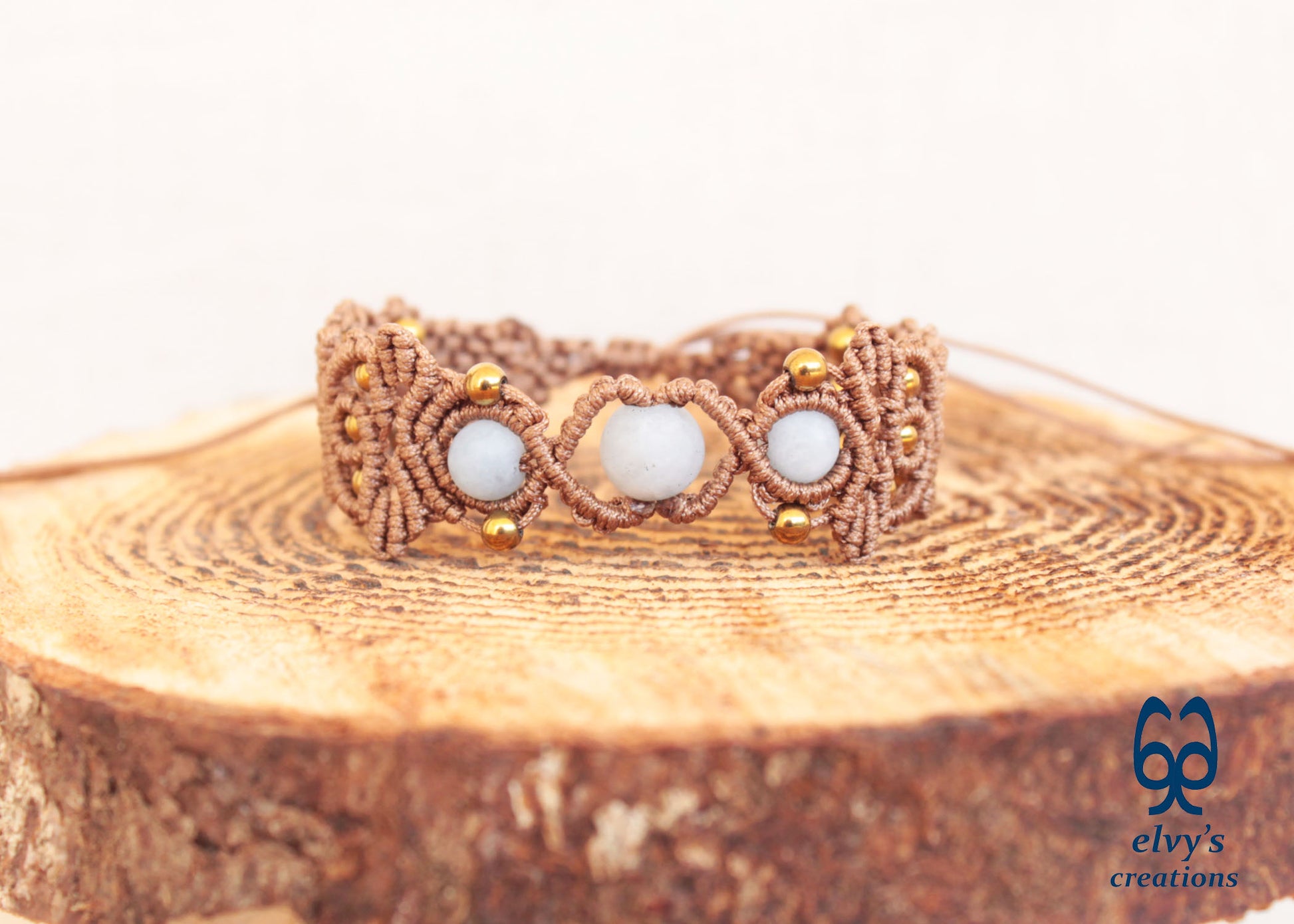 Brown Macrame Bracelet with Beryl Gemstones Adjustable Gold Handmade Bracelet