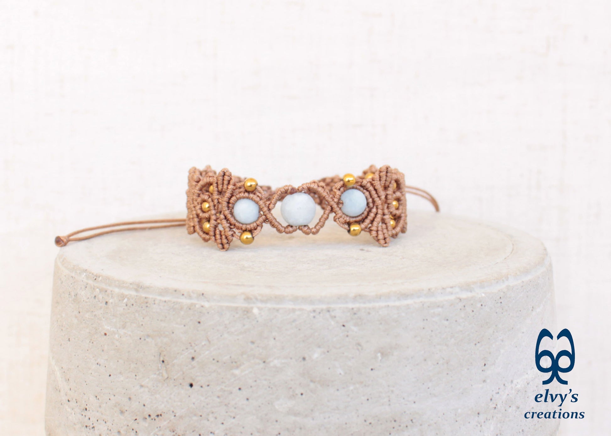 Brown Macrame Bracelet with Beryl Gemstones Adjustable Gold Handmade Bracelet