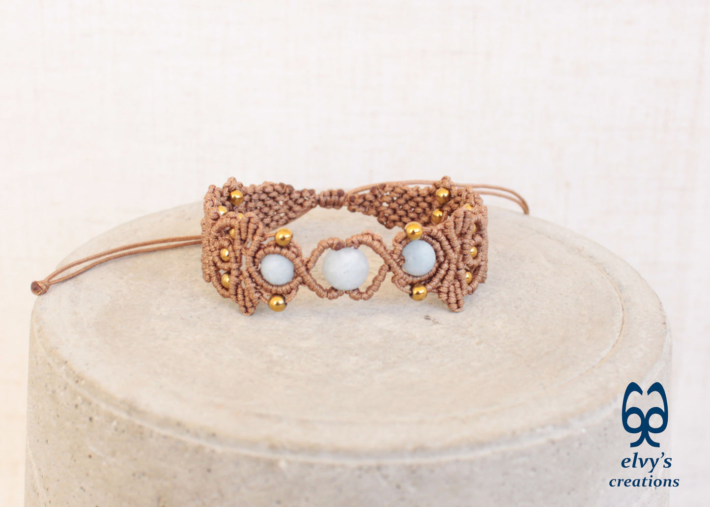 Brown Macrame Bracelet with Beryl Gemstones Adjustable Gold Handmade Bracelet