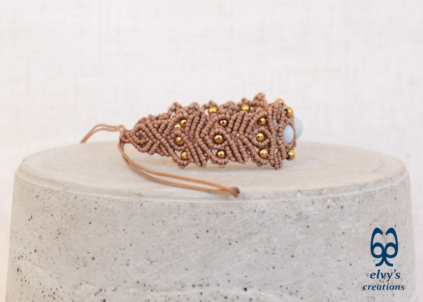 Brown Macrame Bracelet with Beryl Gemstones Adjustable Gold Handmade Bracelet