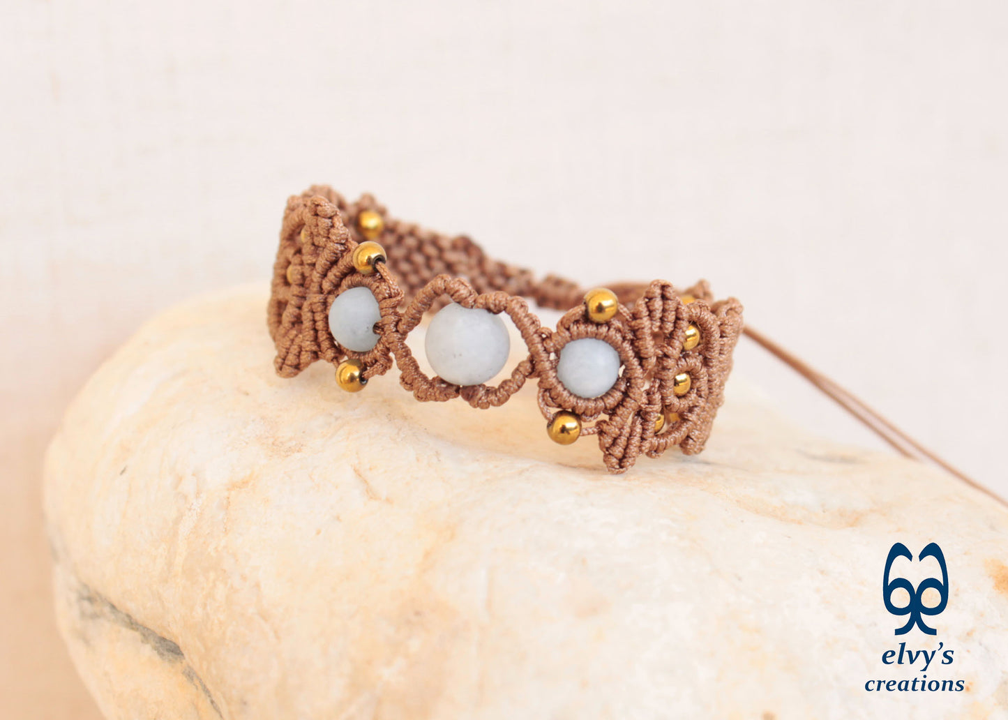 Brown Macrame Bracelet with Beryl Gemstones Adjustable Gold Handmade Bracelet