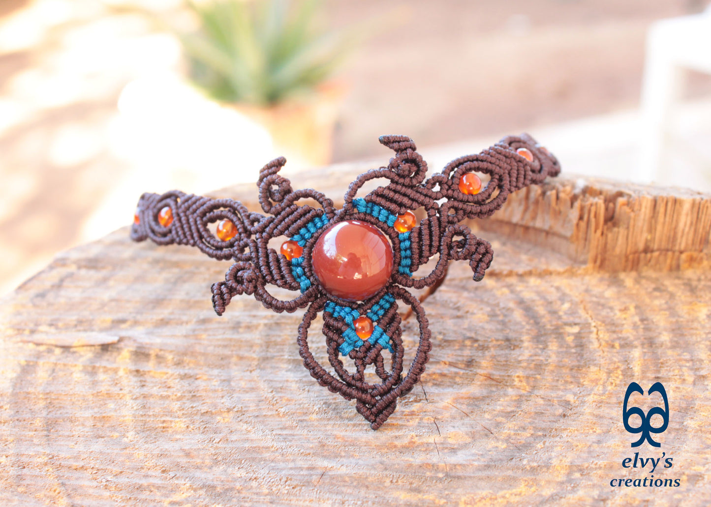 Handmade Brown Macrame Choker Necklace with Orange Carnelian Gemstones