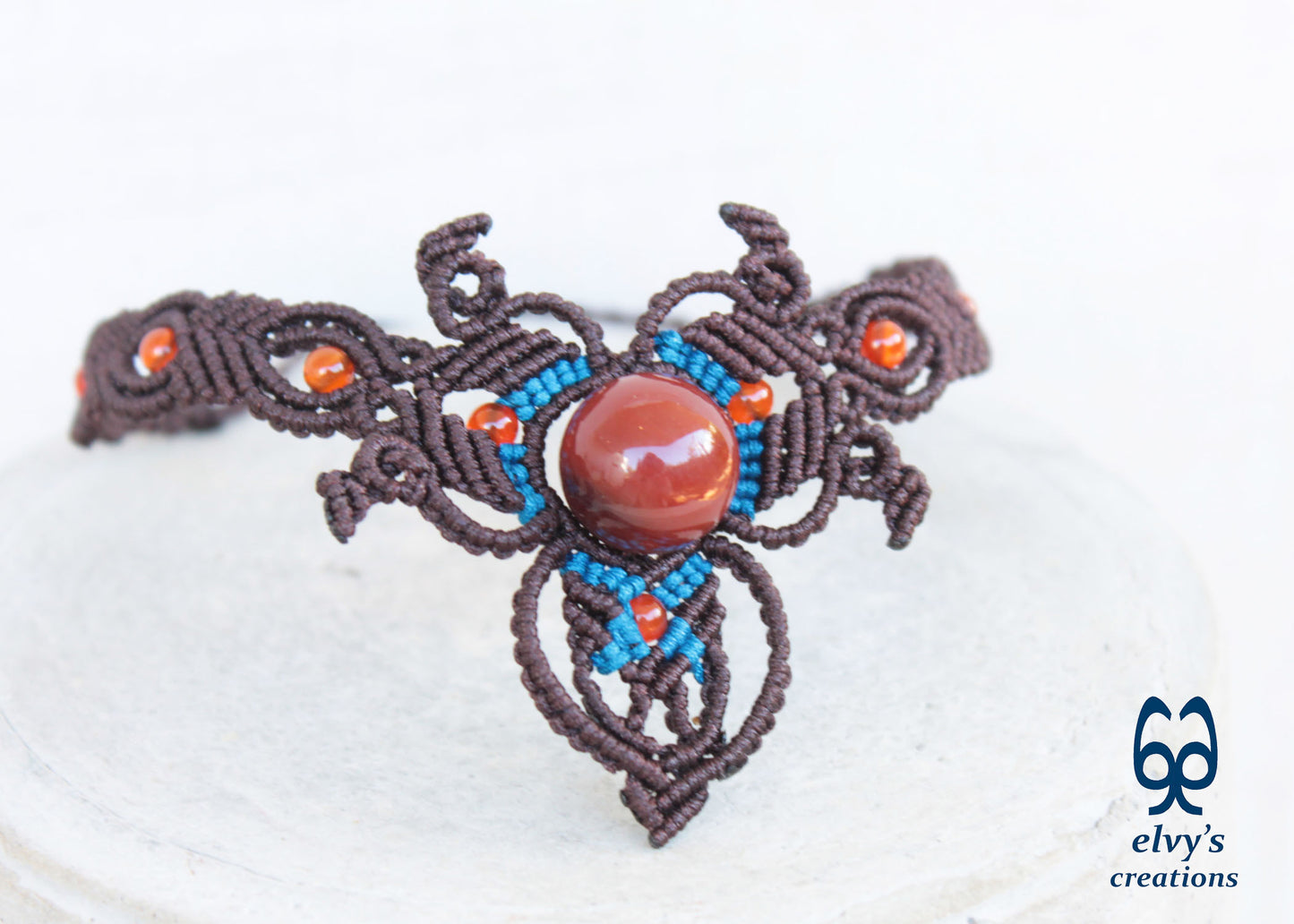 Handmade Brown Macrame Choker Necklace with Orange Carnelian Gemstones