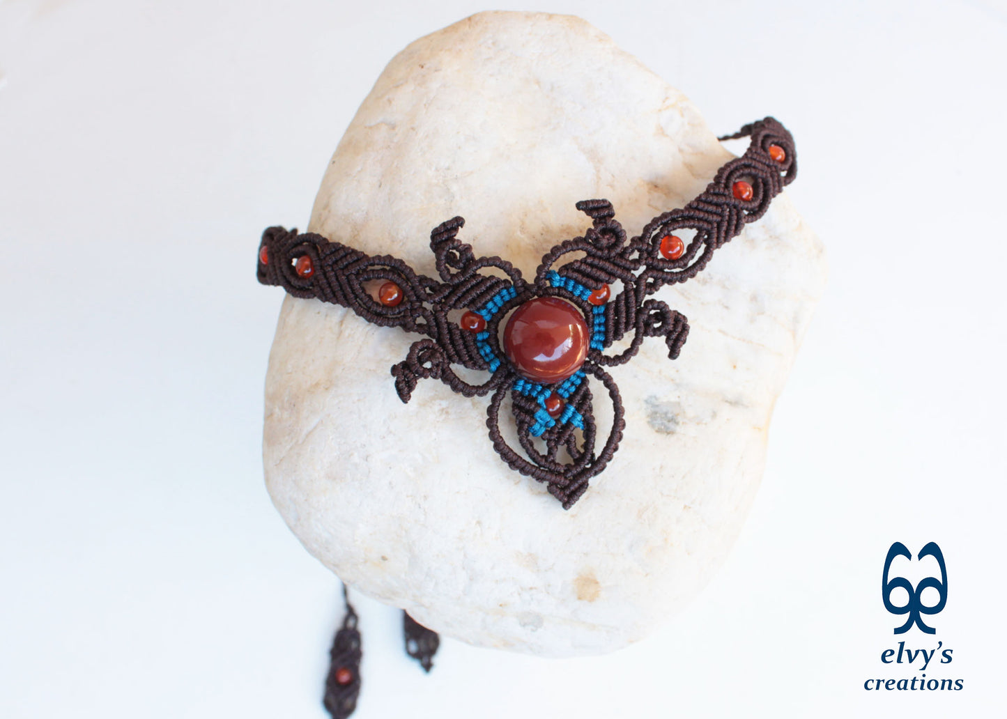 Handmade Brown Macrame Choker Necklace with Orange Carnelian Gemstones