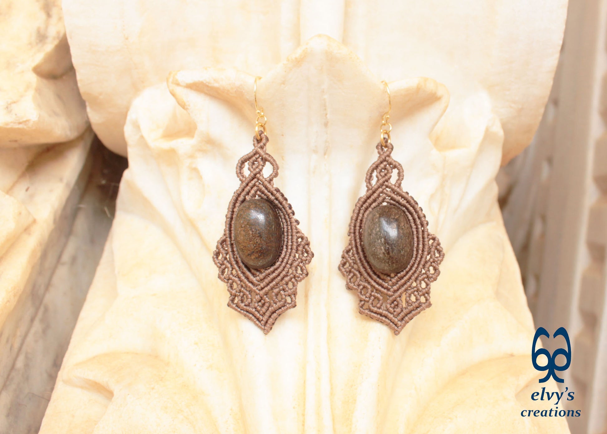 Handmade Brown Macrame Earrings Dangle with Bronzite Gemstones Silver Macrame Earrings