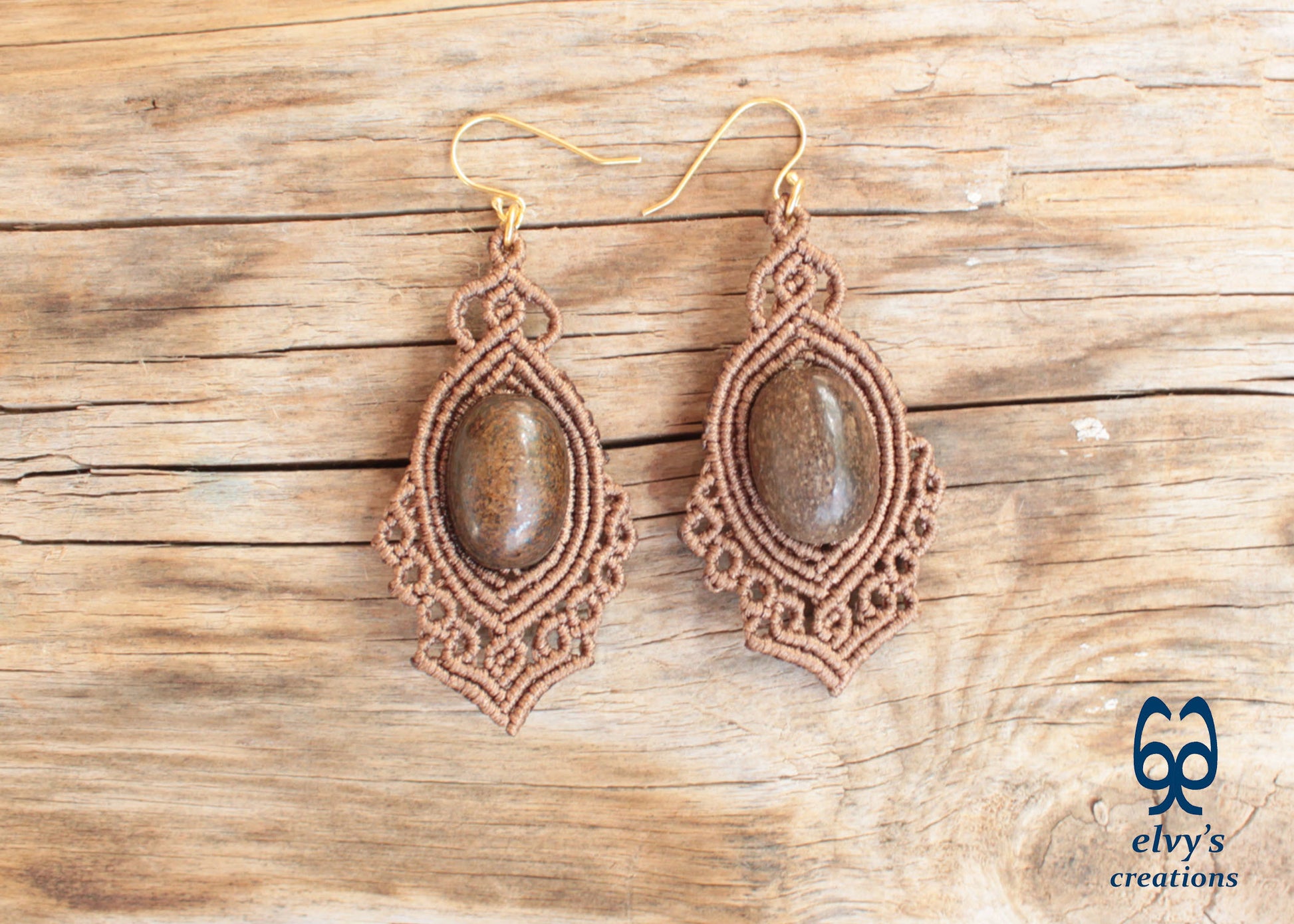 Handmade Brown Macrame Earrings Dangle with Bronzite Gemstones Silver Macrame Earrings