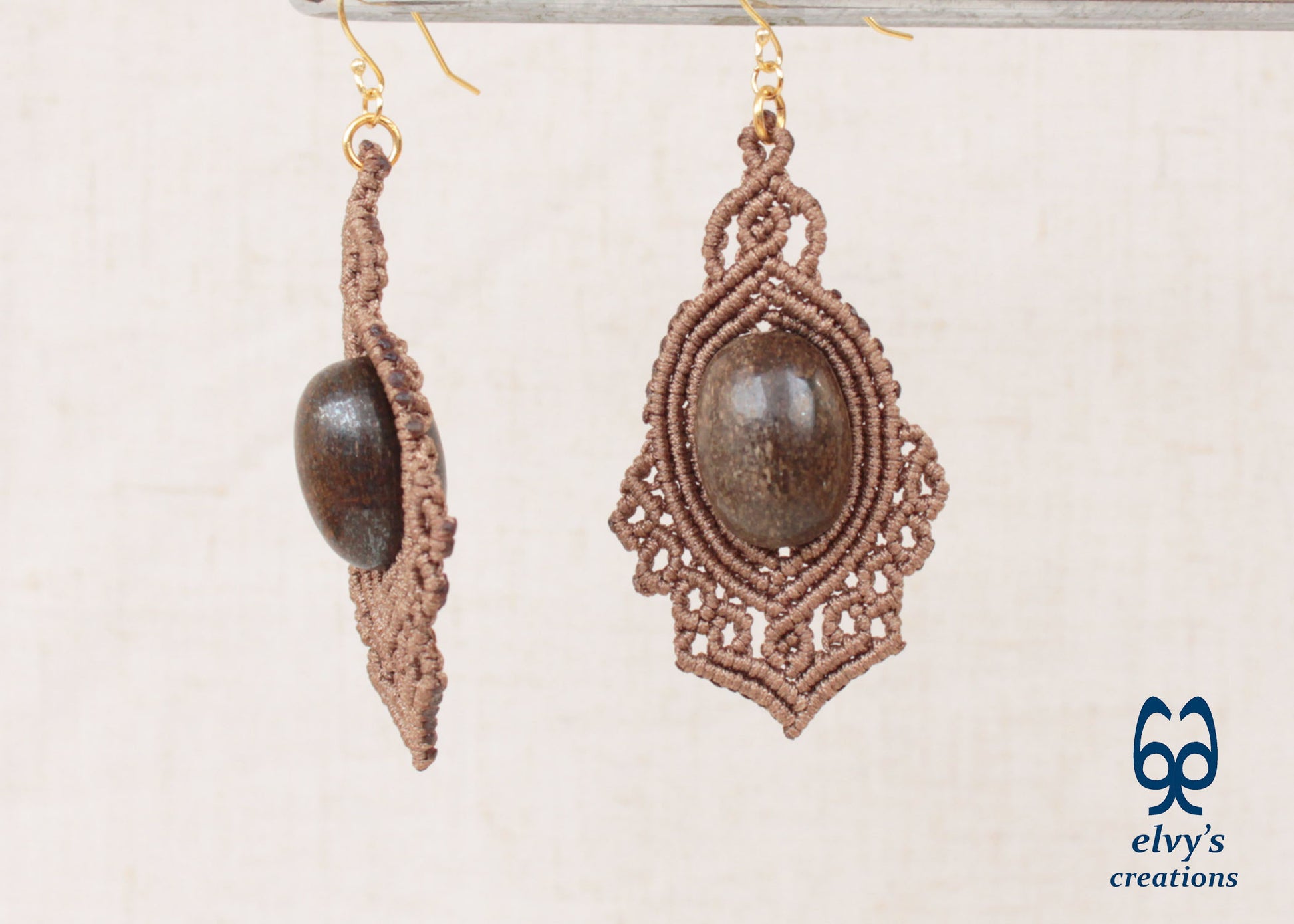 Handmade Brown Macrame Earrings Dangle with Bronzite Gemstones Silver Macrame Earrings