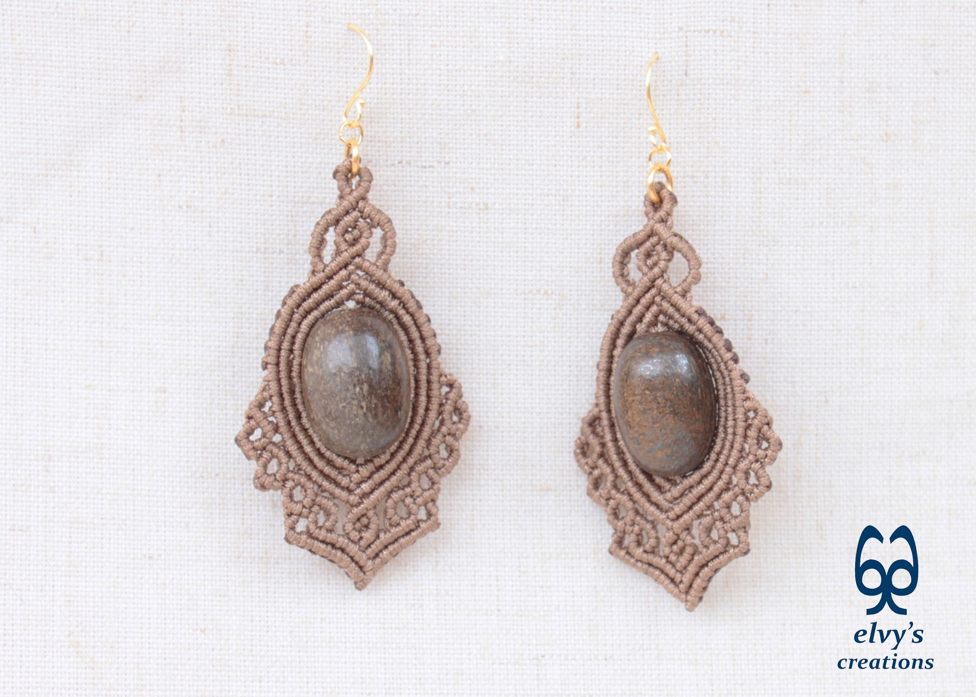 Handmade Brown Macrame Earrings Dangle with Bronzite Gemstones Silver Macrame Earrings