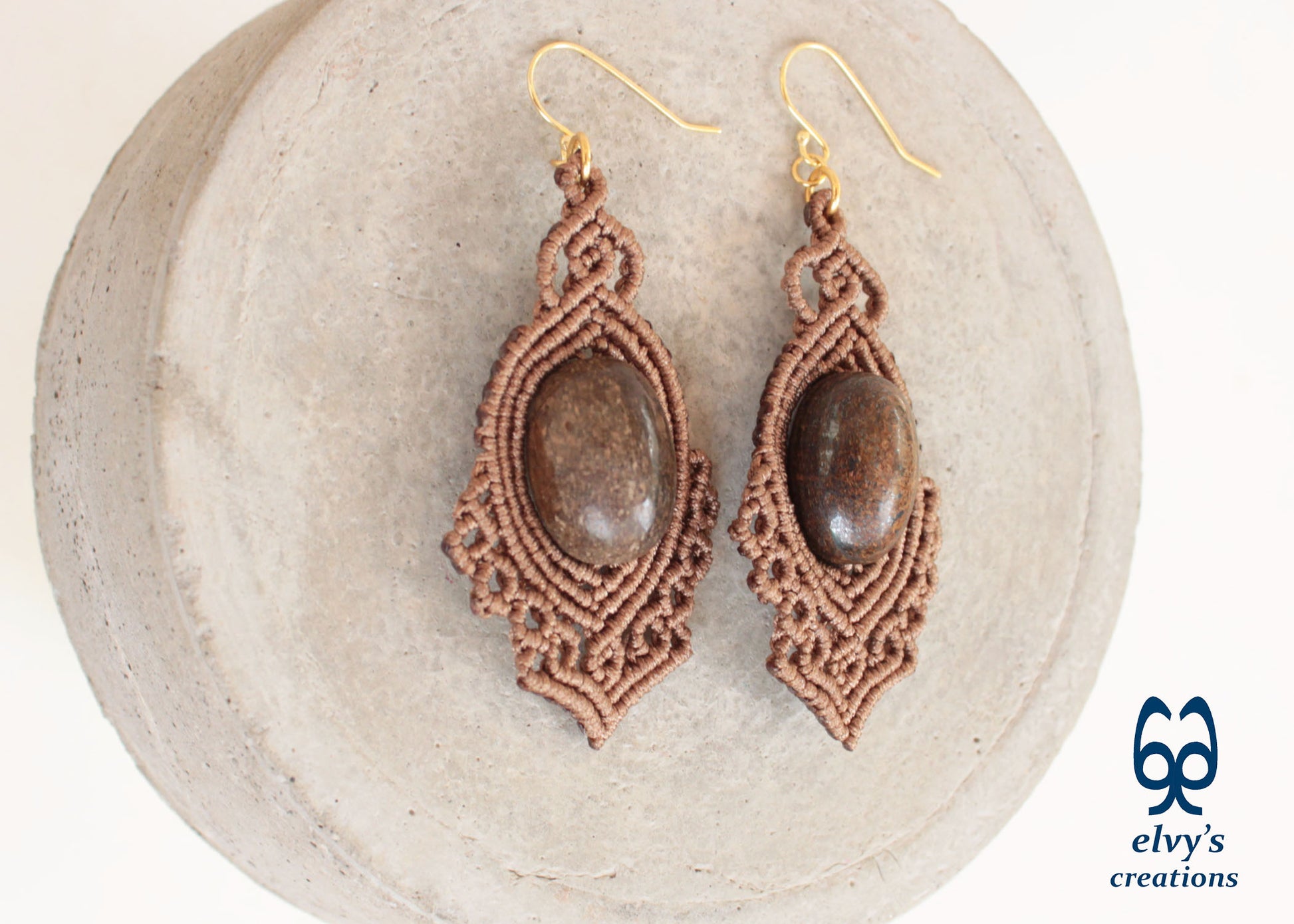 Handmade Brown Macrame Earrings Dangle with Bronzite Gemstones Silver Macrame Earrings