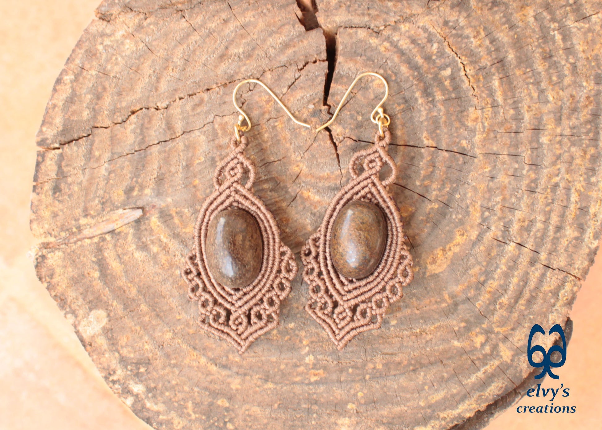 Handmade Brown Macrame Earrings Dangle with Bronzite Gemstones Silver Macrame Earrings