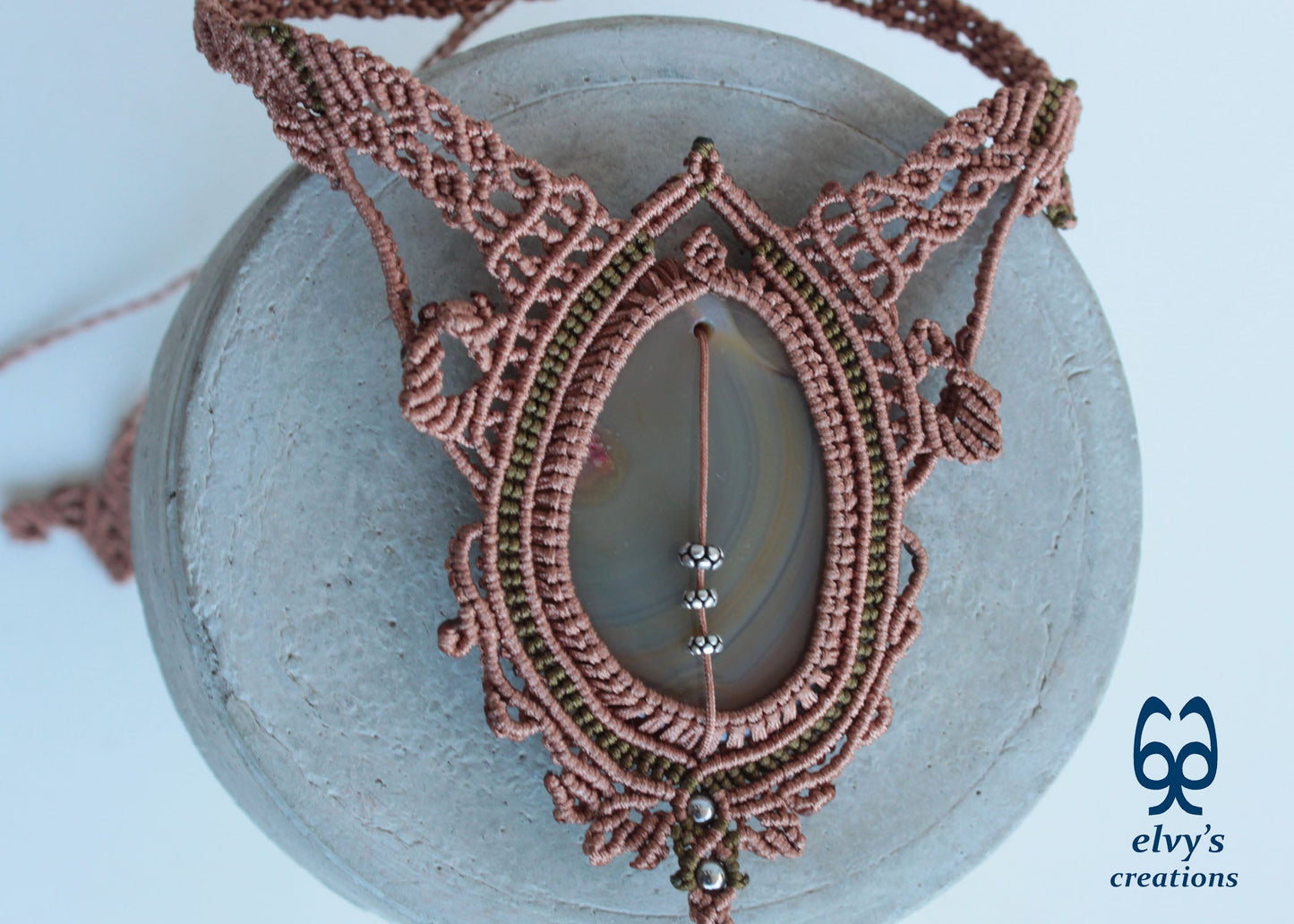 Brown Macramé Choker Necklace with Carnelian Gemstone Adjustable Macramé Necklace