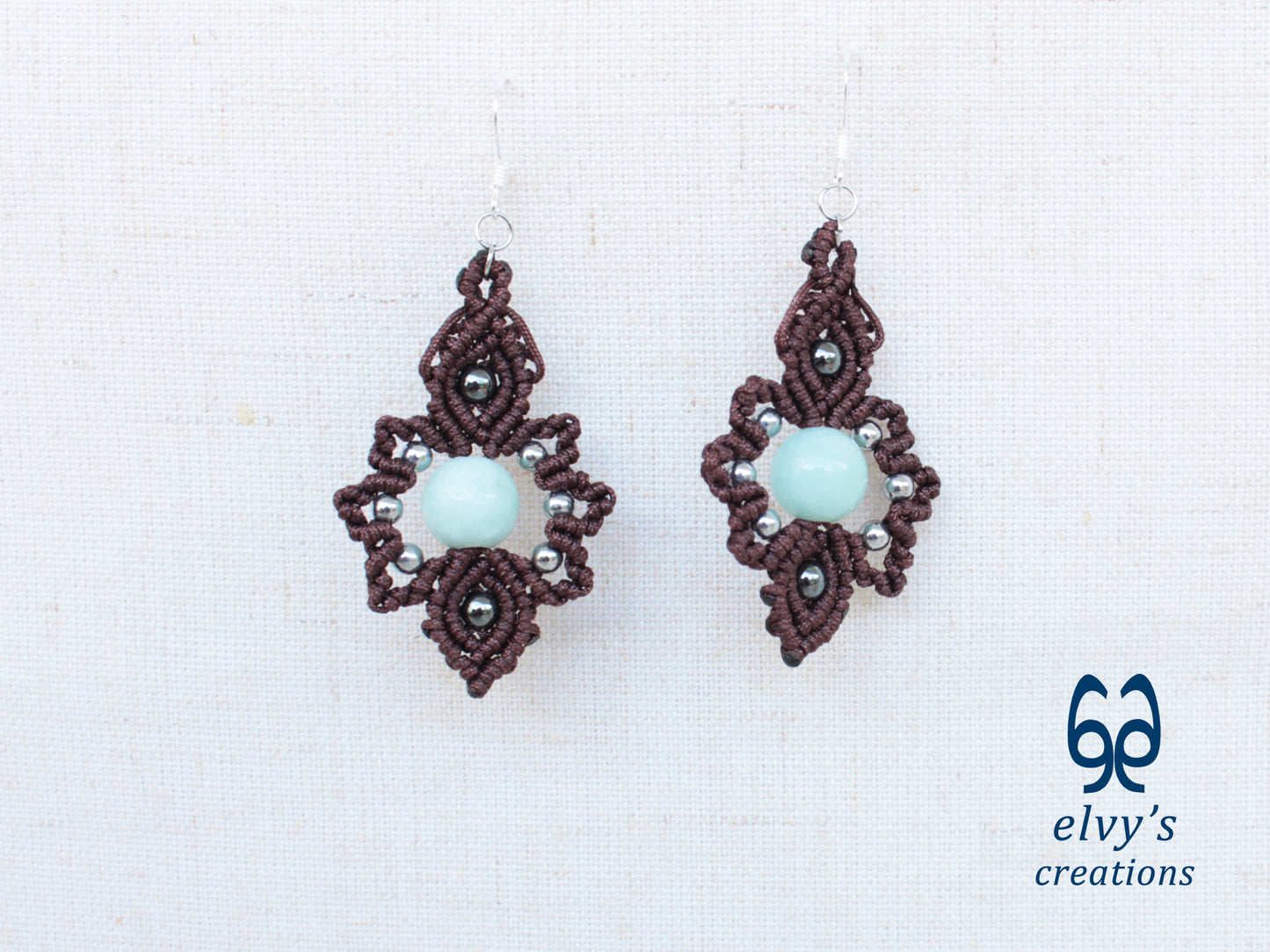 Handmade Brown Macrame Earrings with Chalcedony Gemstones