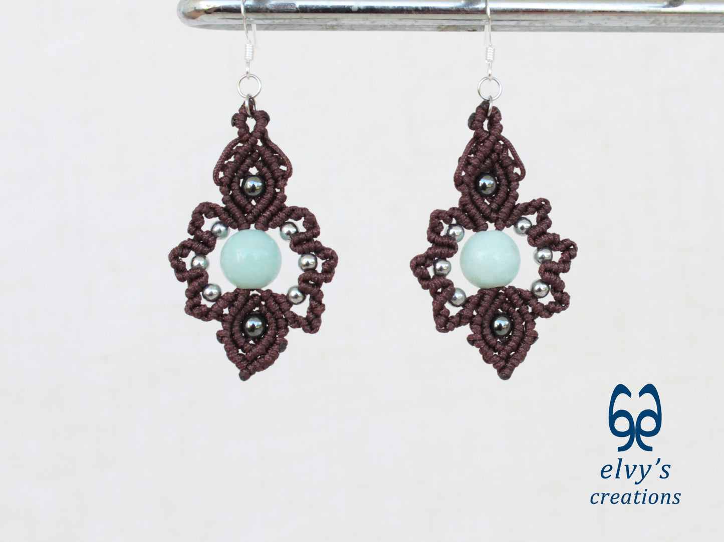 Handmade Brown Macrame Earrings with Chalcedony Gemstones
