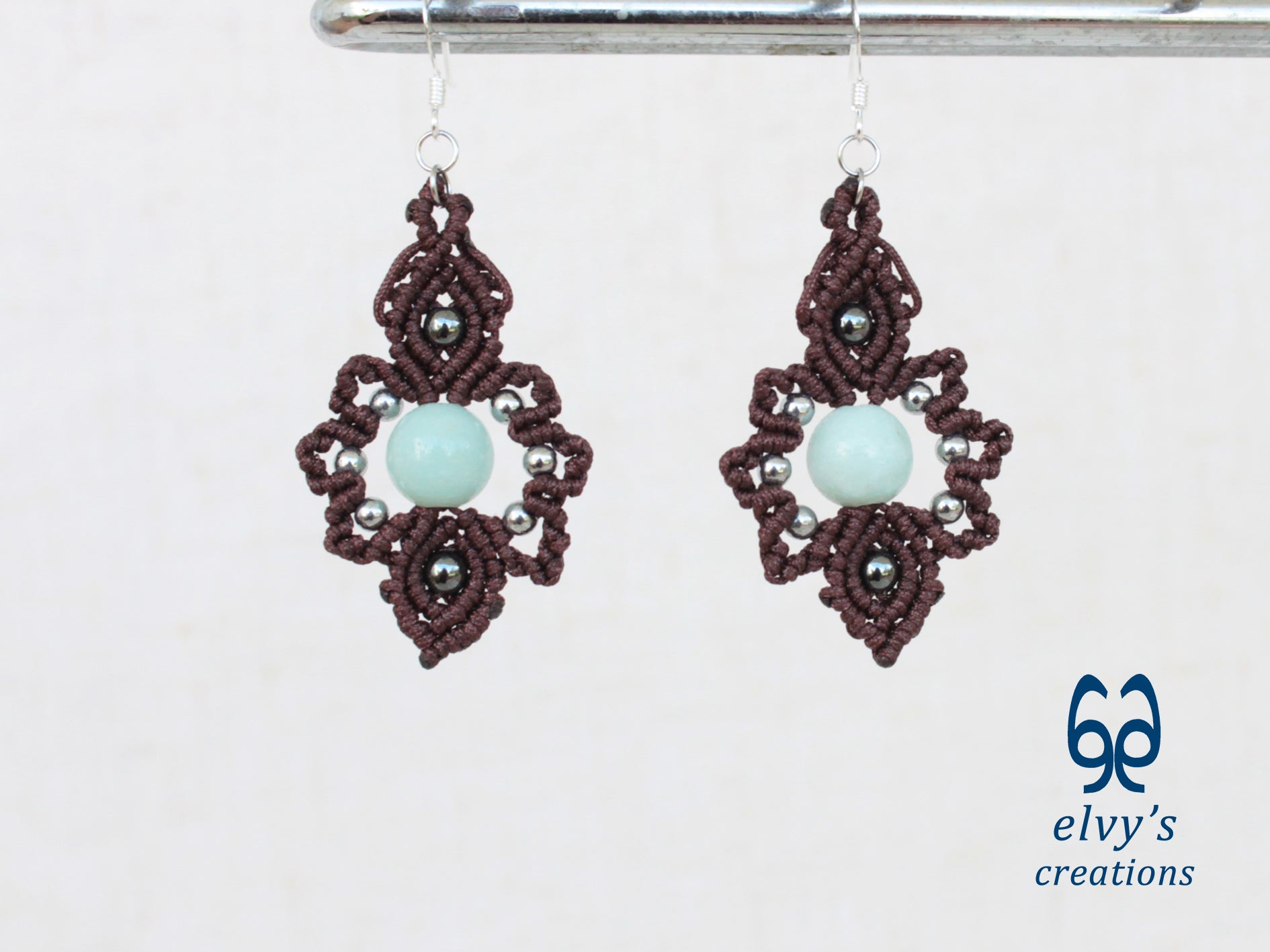 Handmade Brown Macrame Earrings with Chalcedony Gemstones