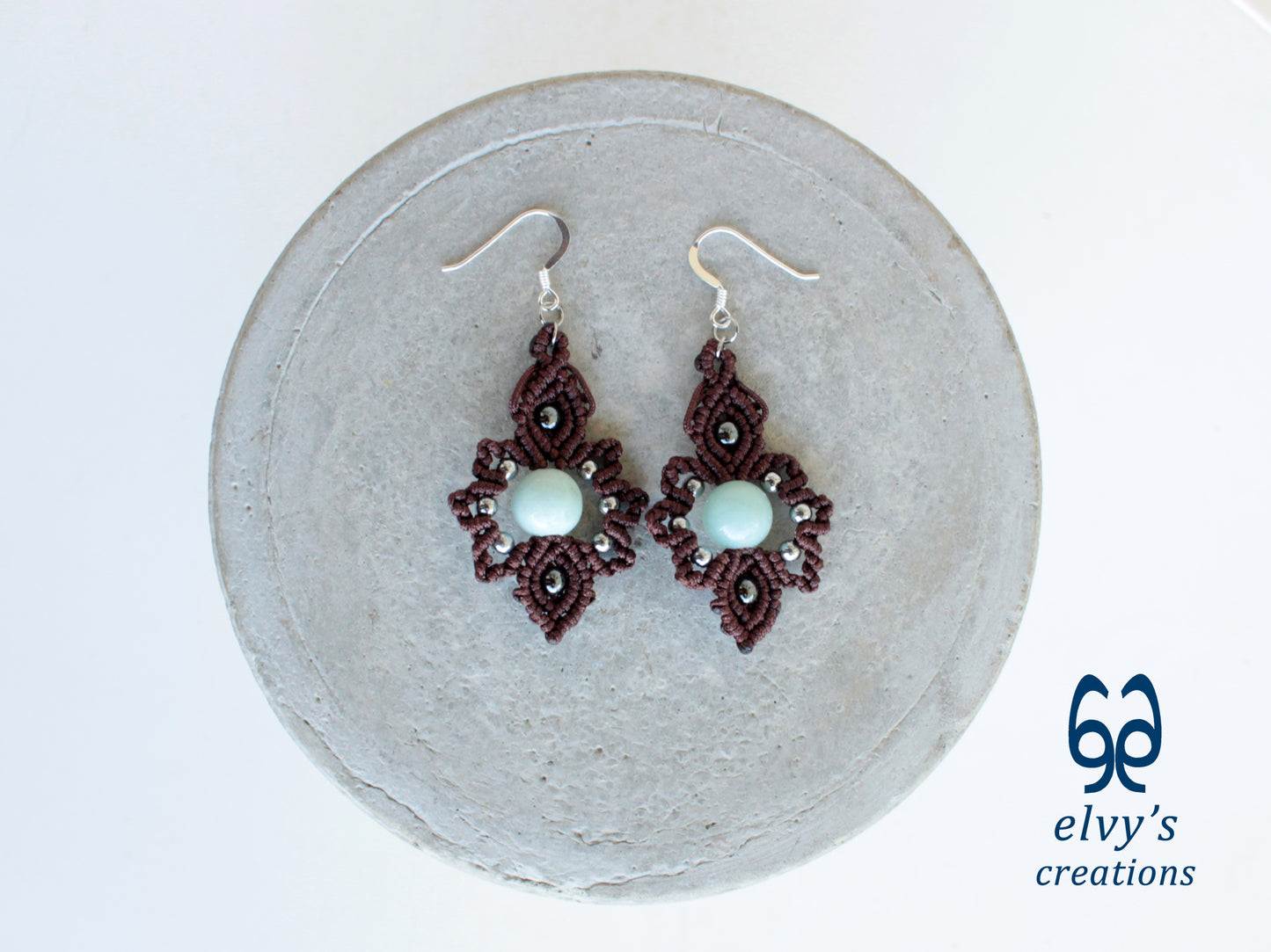 Handmade Brown Macrame Earrings with Chalcedony Gemstones