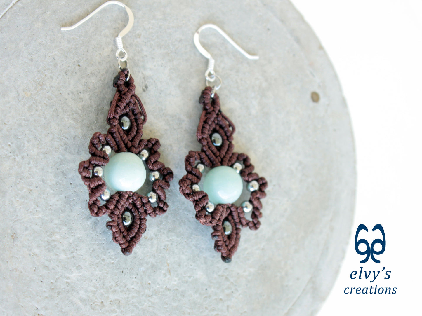 Handmade Brown Macrame Earrings with Chalcedony Gemstones